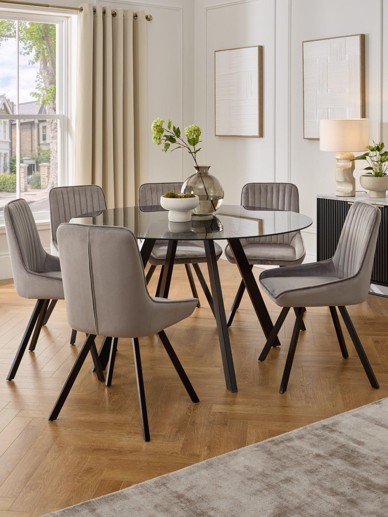 undefined Very Home Marlow 130 cm Round Smoked Glass Top Dining Table and 6 Fabric Chairs - Grey/Black