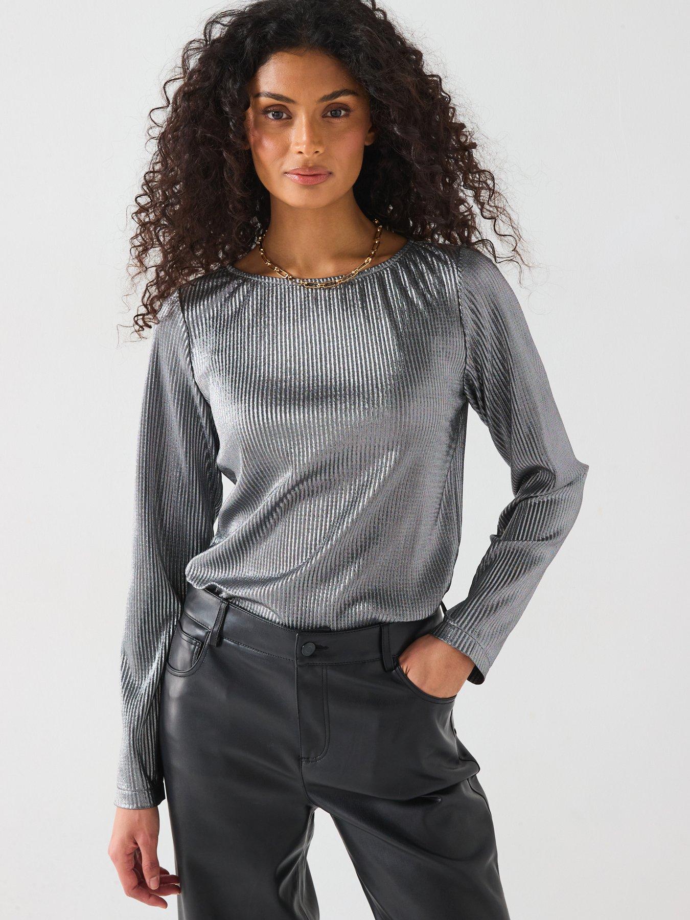 Image of V by Very Metallic Plisse Top - Gunmetal