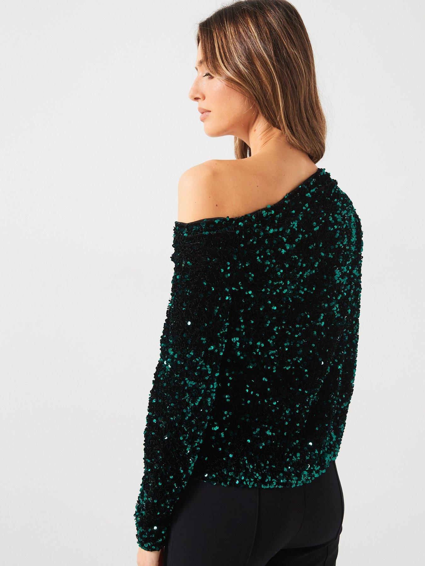 v-by-very-off-the-shoulder-sequin-top-greenstillFront