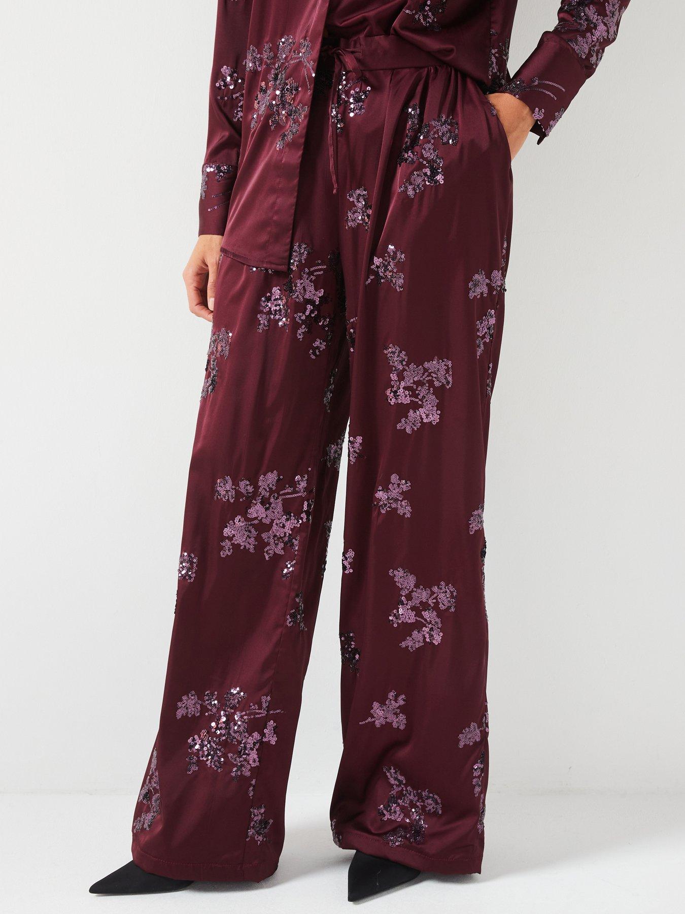 Image of V by Very Sequin Satin Trouser Co-Ord - Burgundy