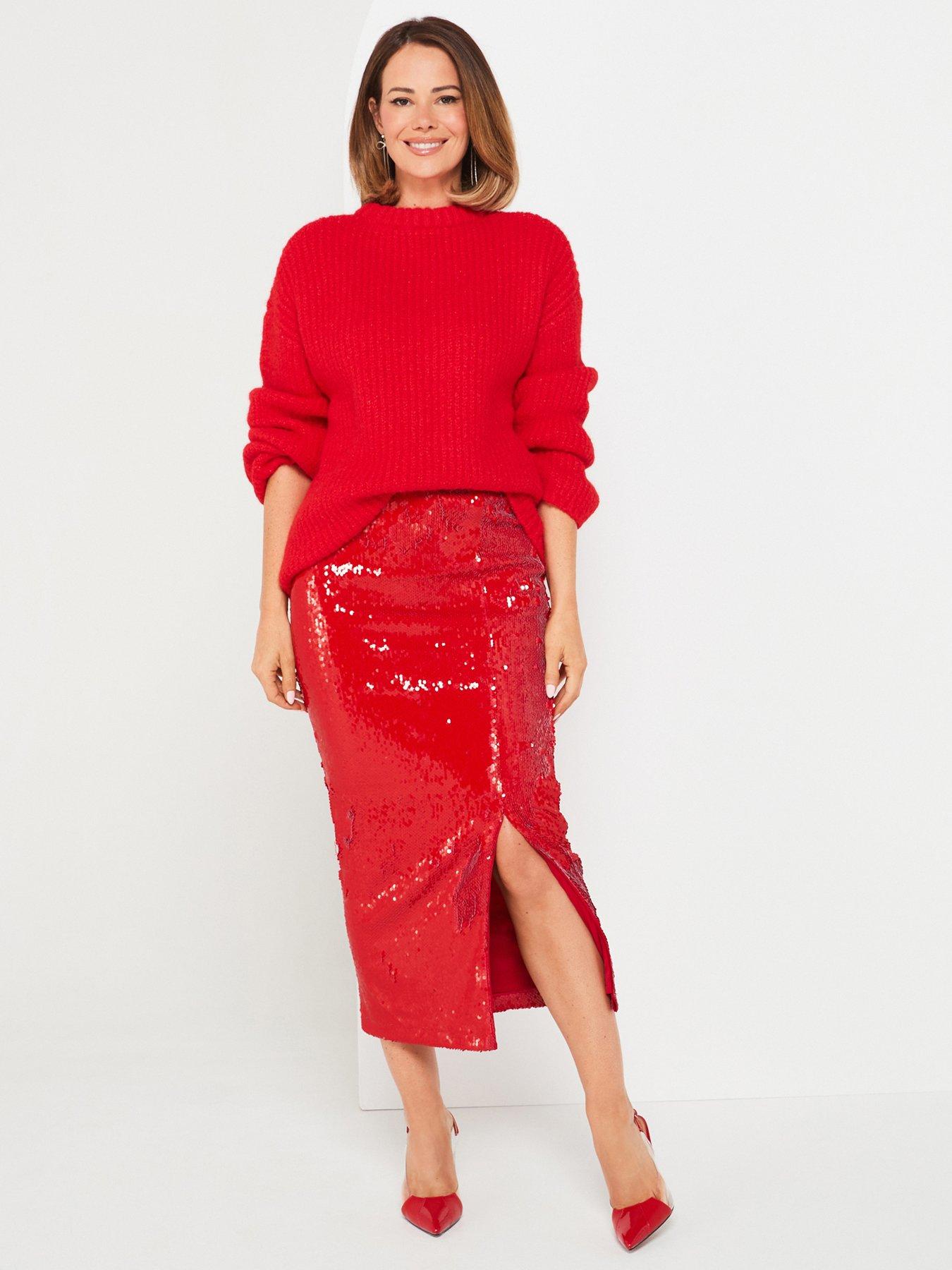 V by Very X Carol Byrne Side Split Sequin Pencil Skirt Red