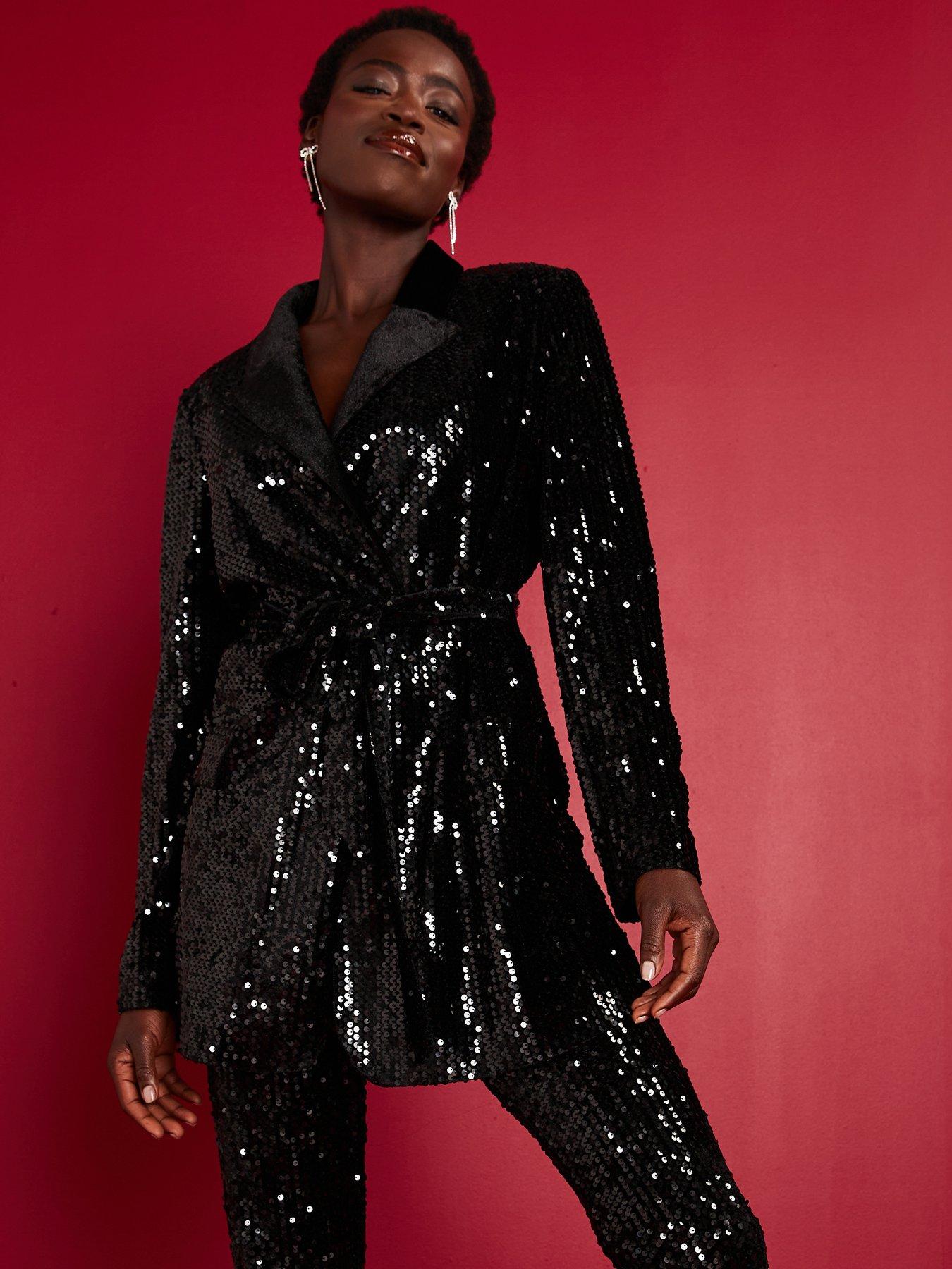 v-by-very-sequin-tie-waist-blazer-blackfront