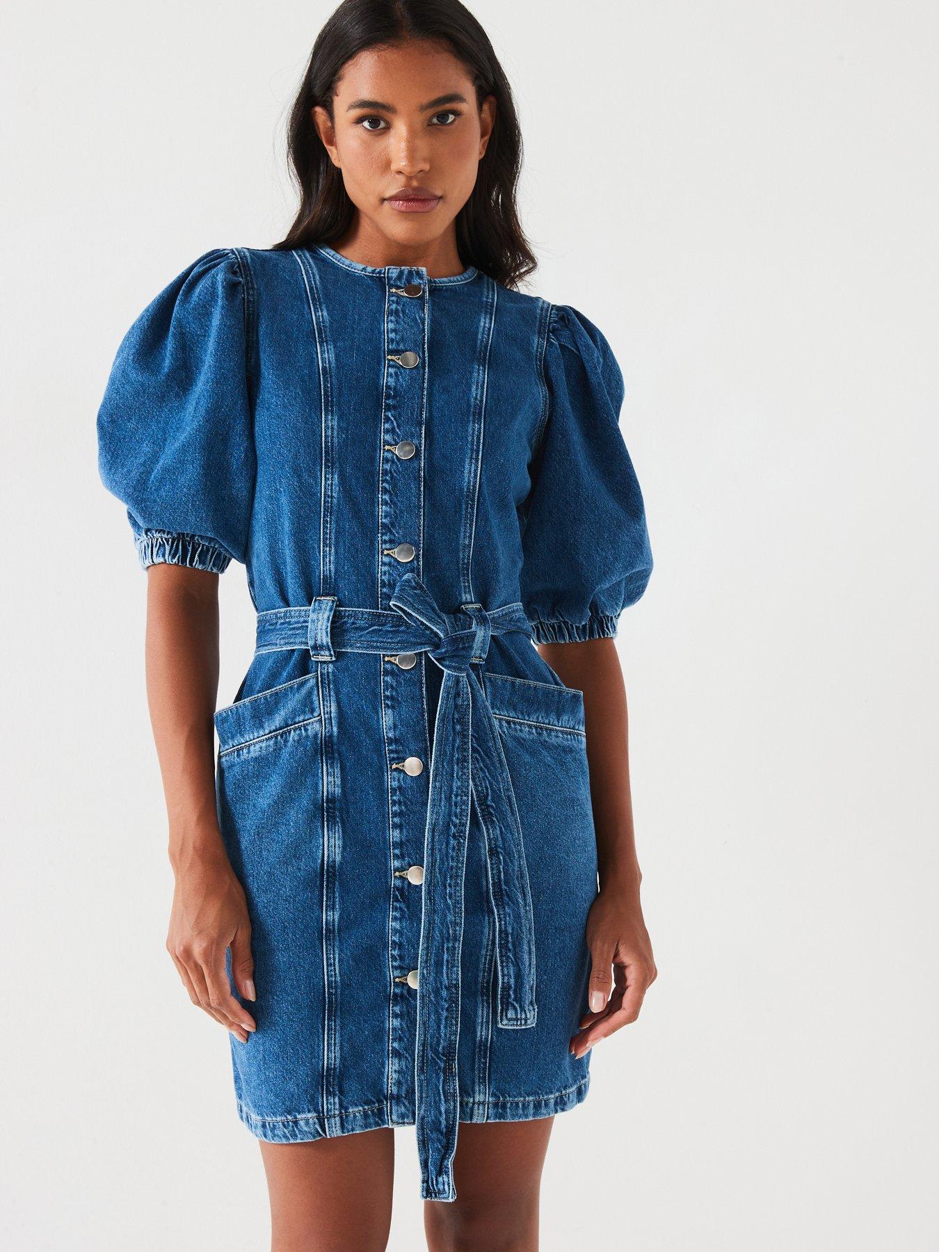 v-by-very-denim-puff-sleeve-mini-dress-midi-wash