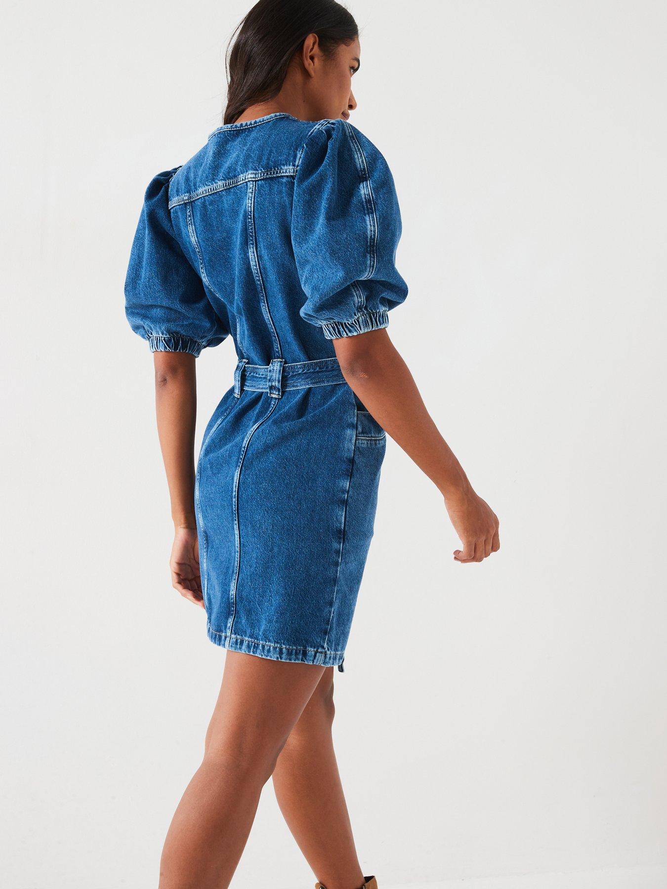 v-by-very-denim-puff-sleeve-mini-dress-midi-washstillFront