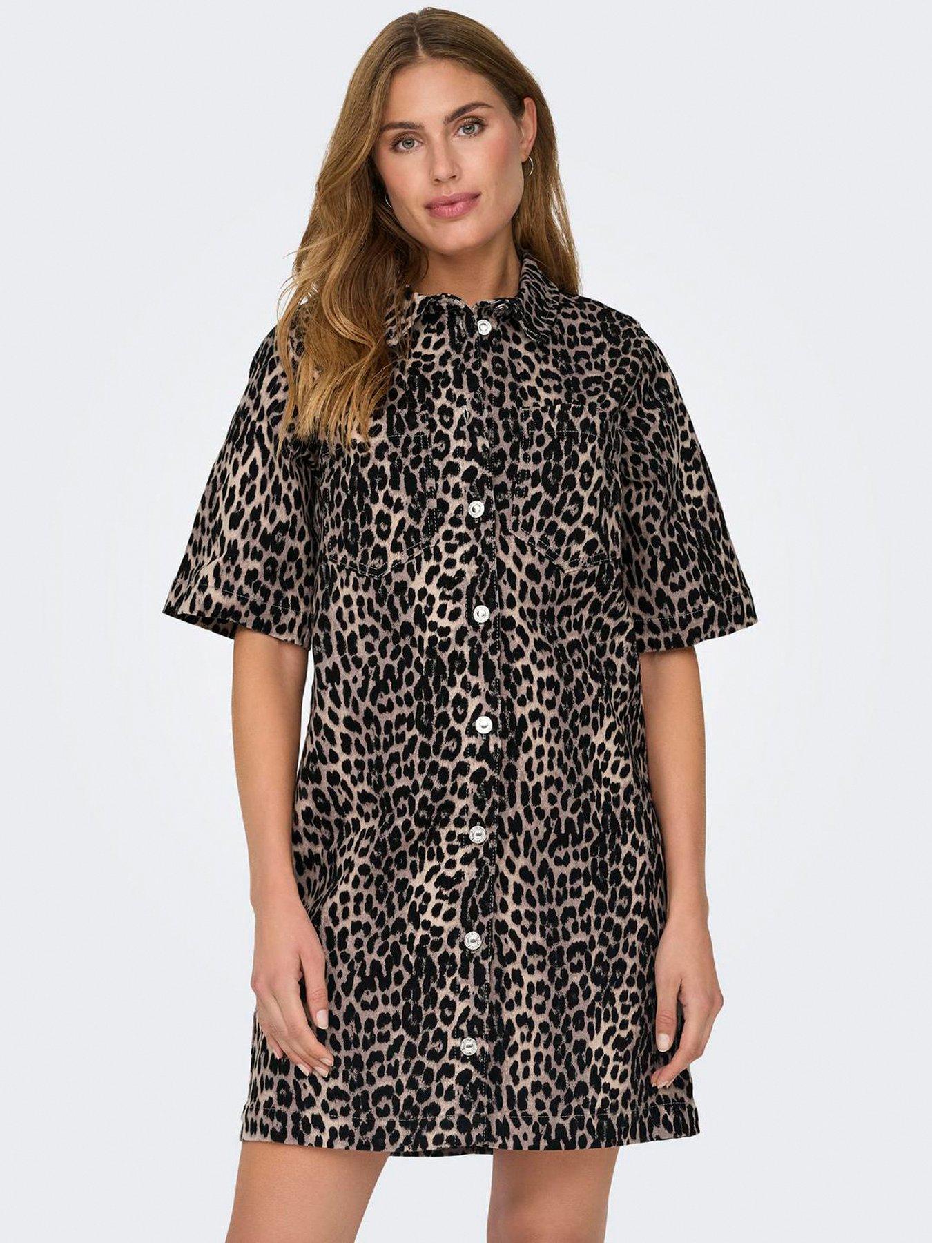 Image of Only Leopard Print Denim Mini Dress - Black