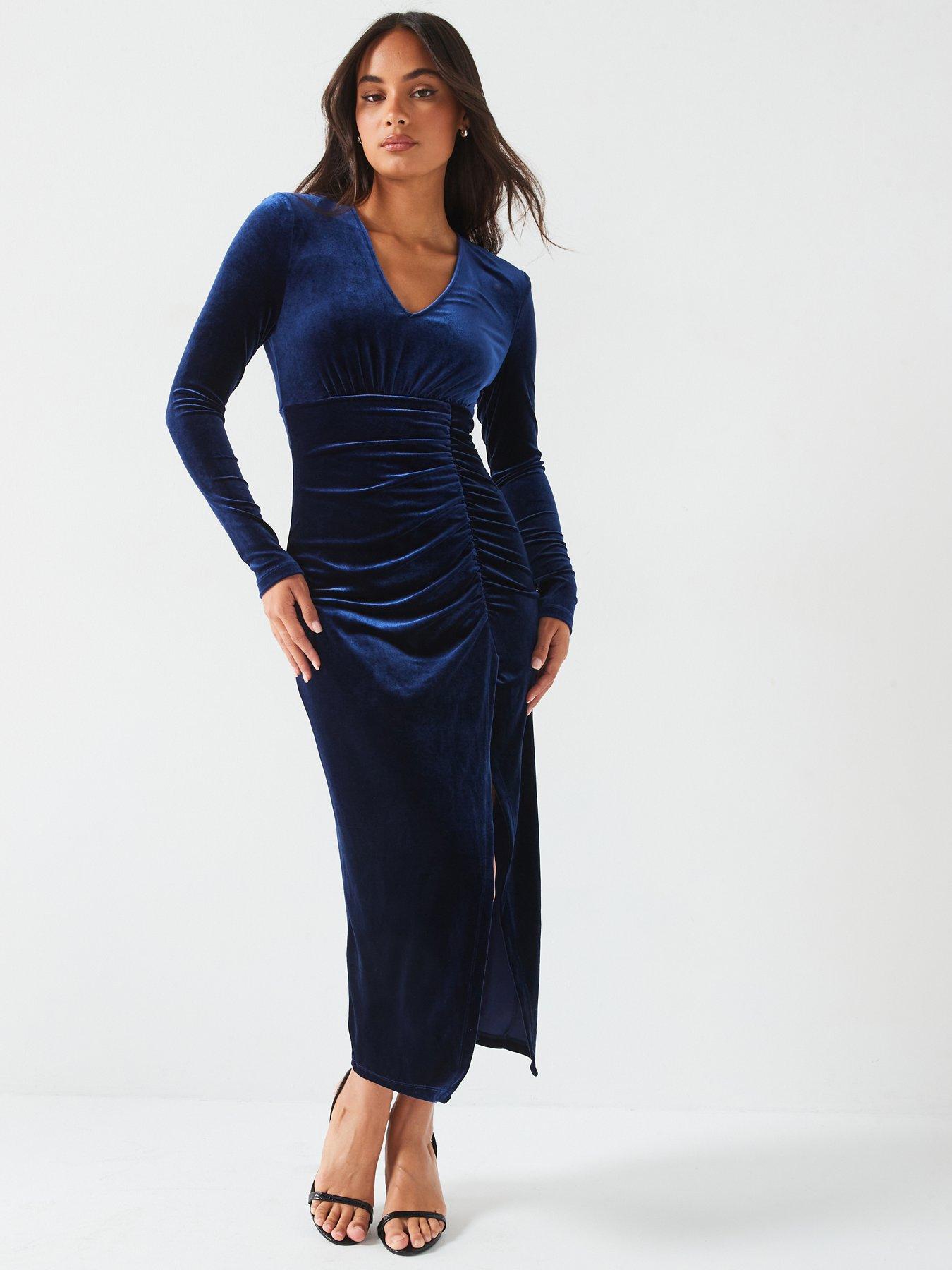 v-by-very-velvet-ruched-pencil-dress-navy