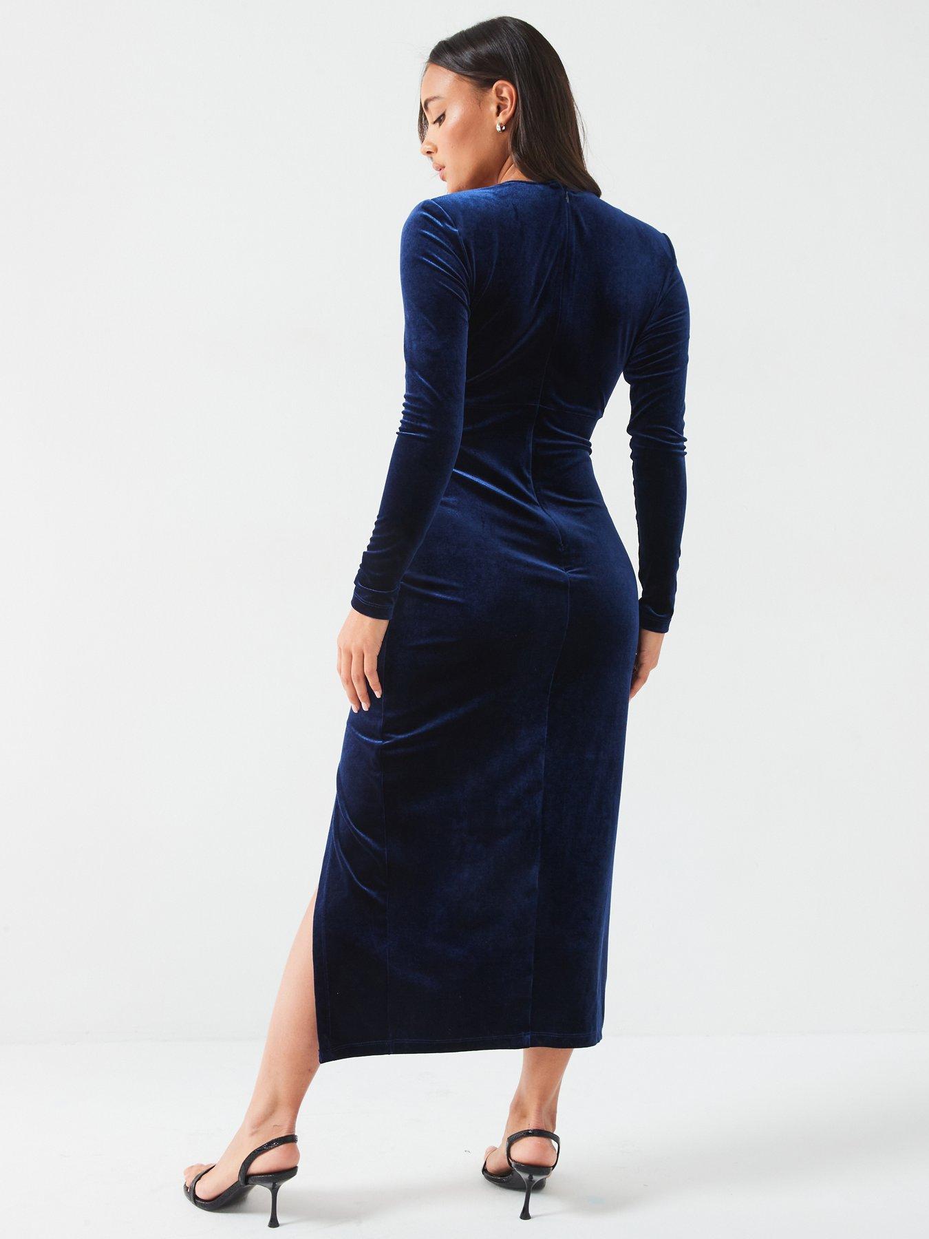 v-by-very-velvet-ruched-pencil-dress-navystillFront