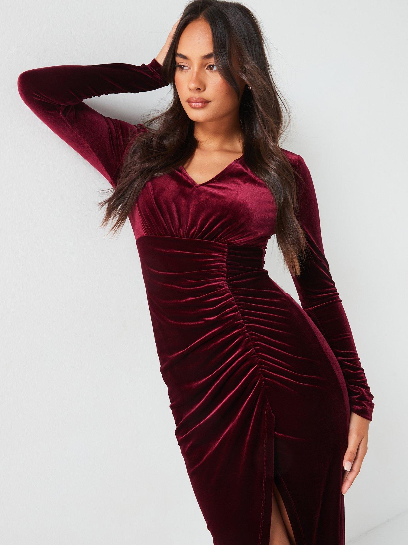 v-by-very-velvet-ruched-pencil-dress-dark-red