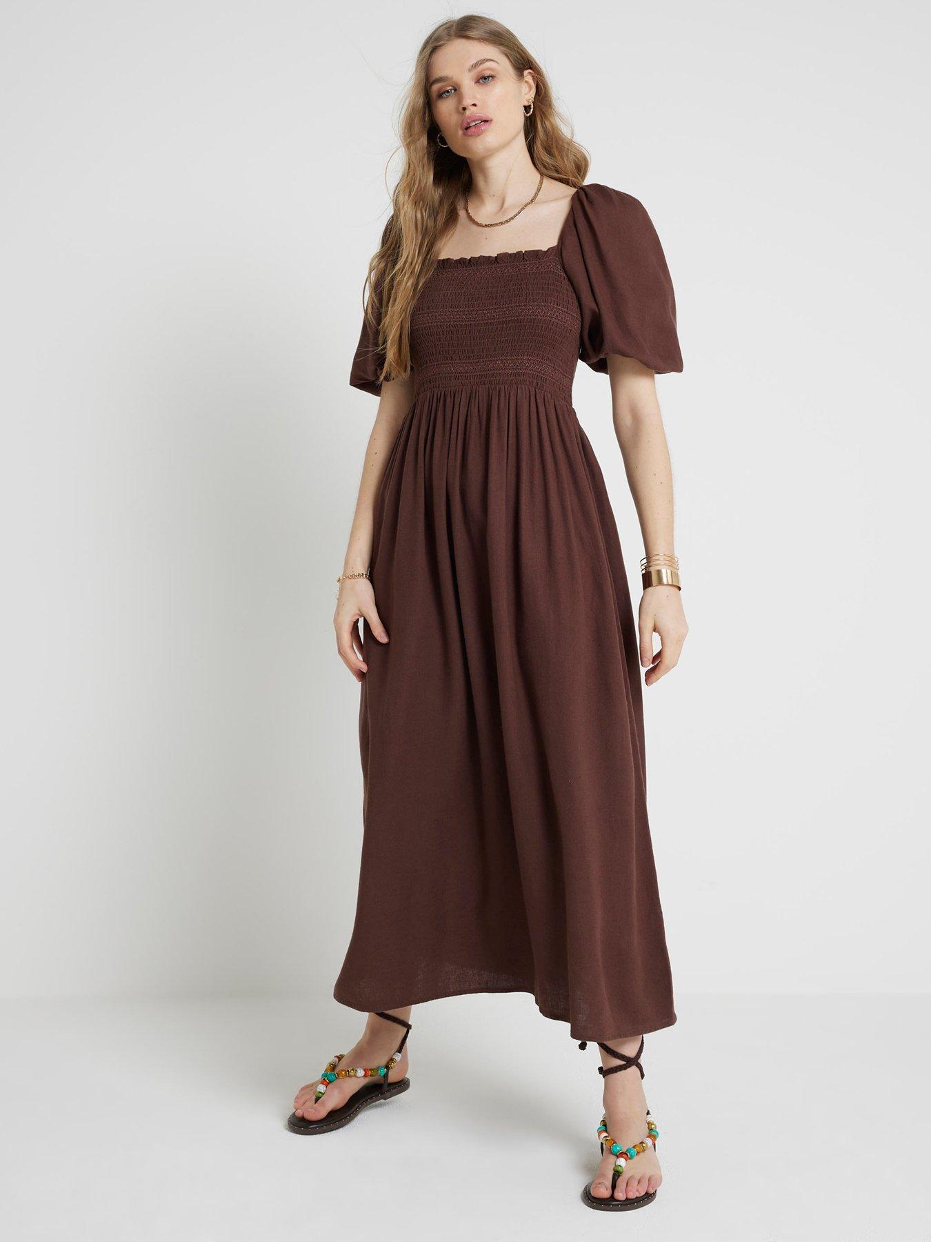 river-island-shirred-waist-midi-dress-brown