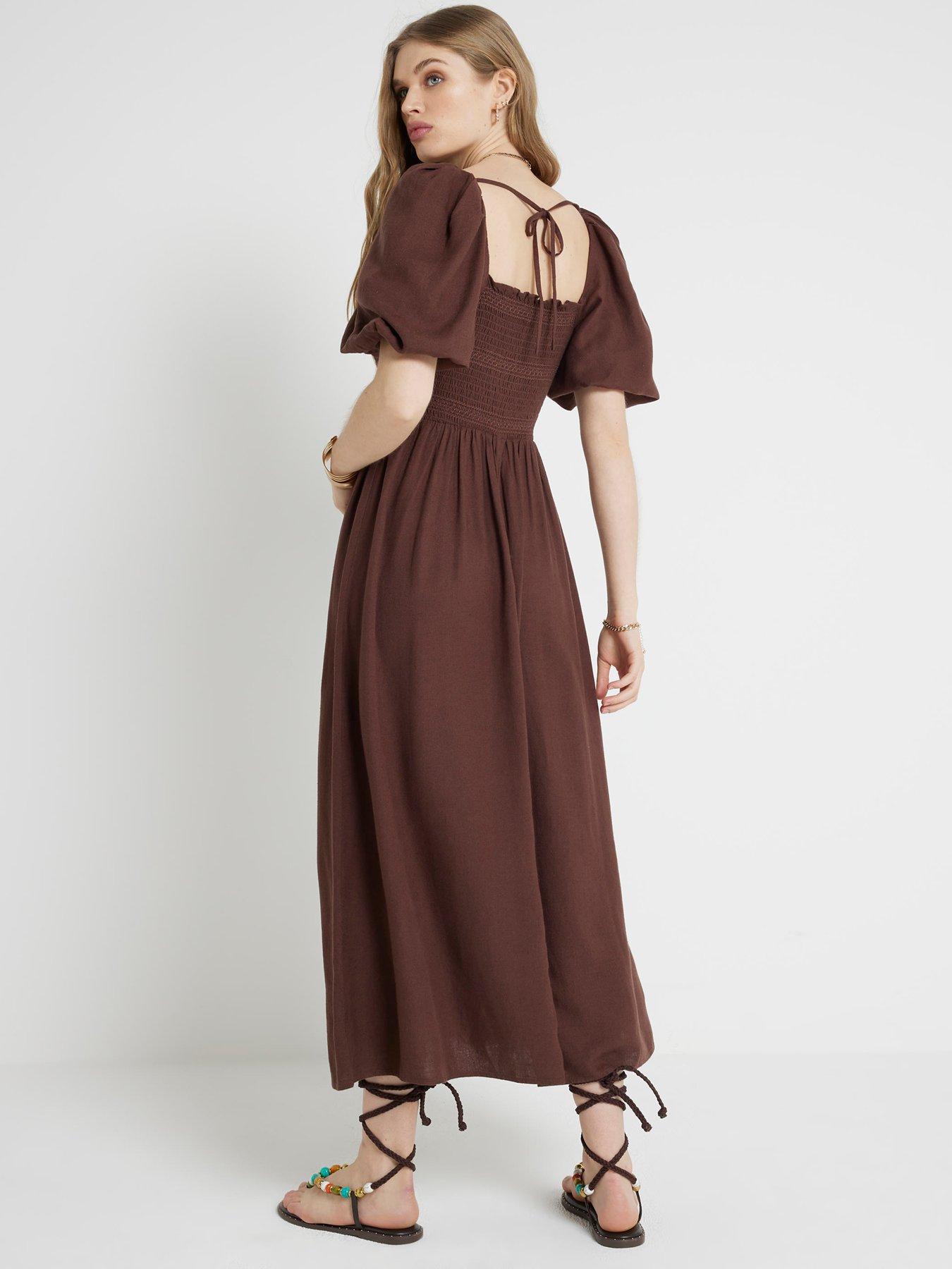 river-island-shirred-waist-midi-dress-brownstillFront