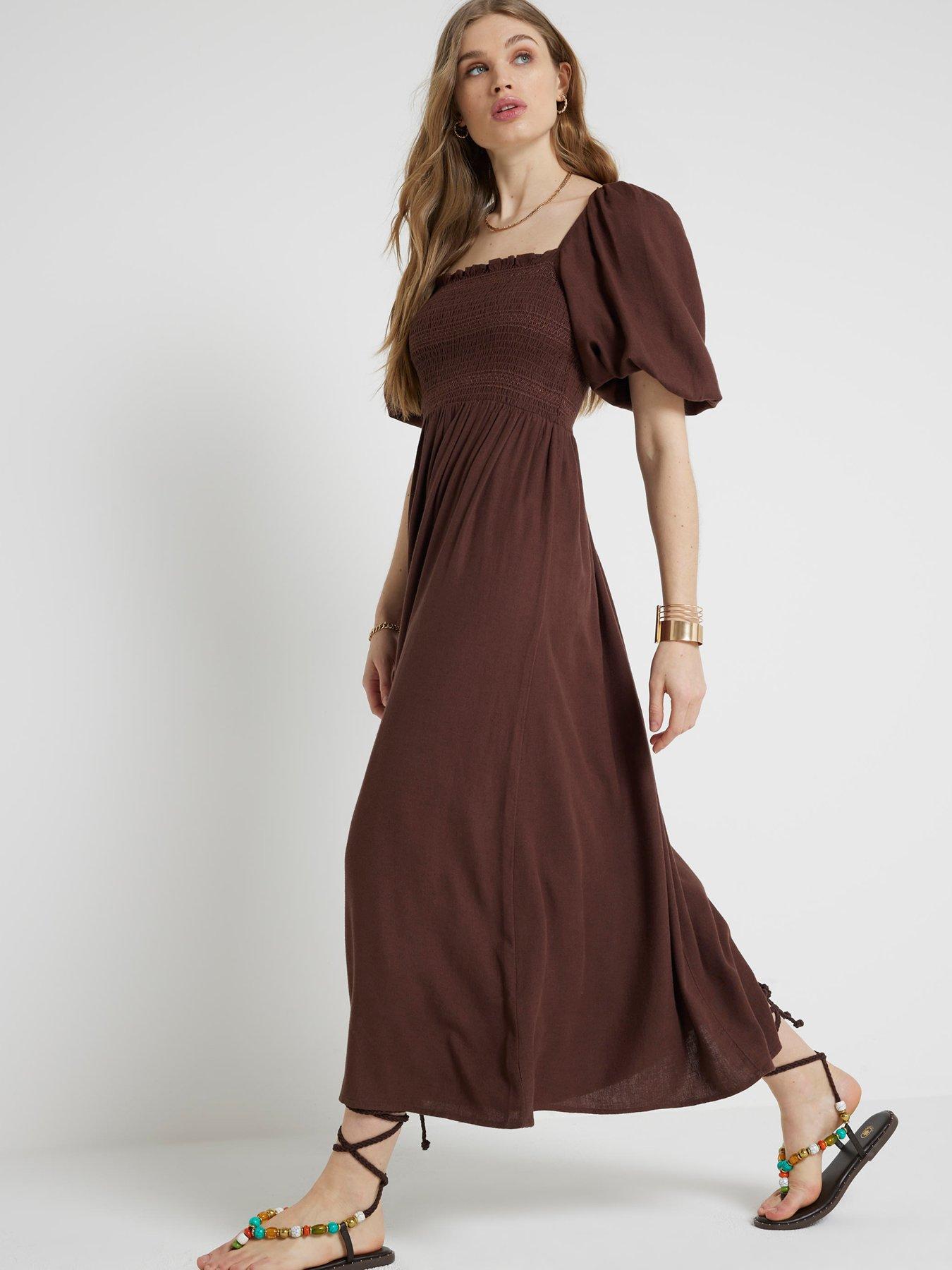 river-island-shirred-waist-midi-dress-brownback