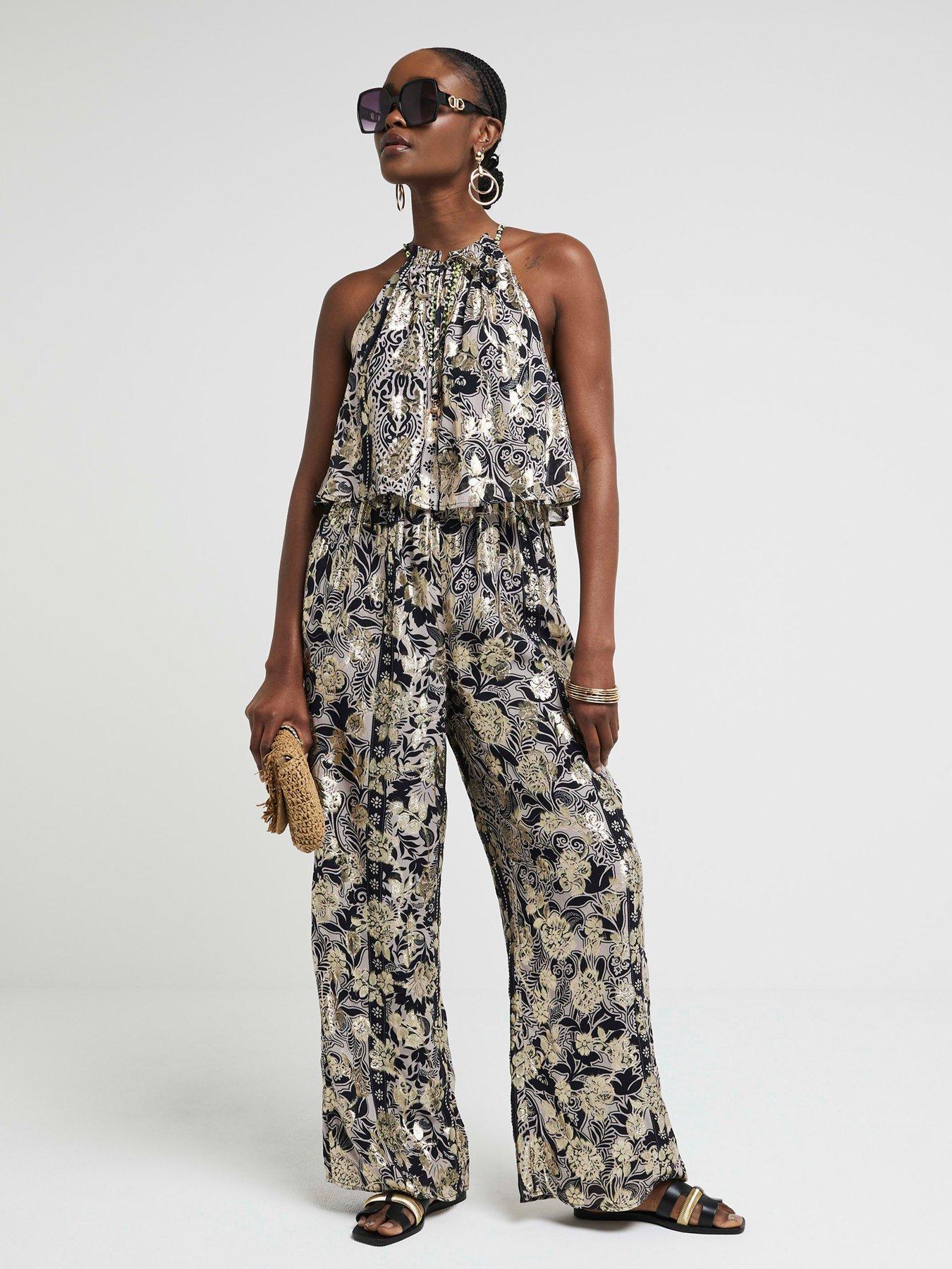 undefined Halterneck Tiered Jumpsuit - Black