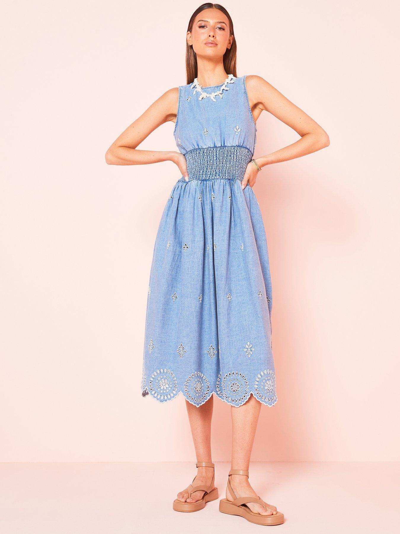 river-island-shirred-waist-midi-dress-blue