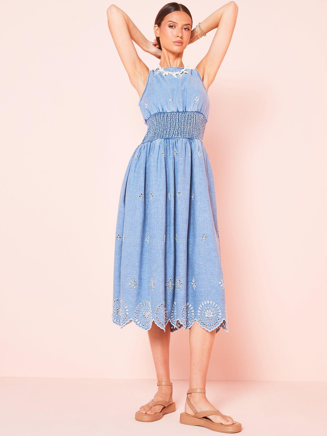 river-island-shirred-waist-midi-dress-blueoutfit