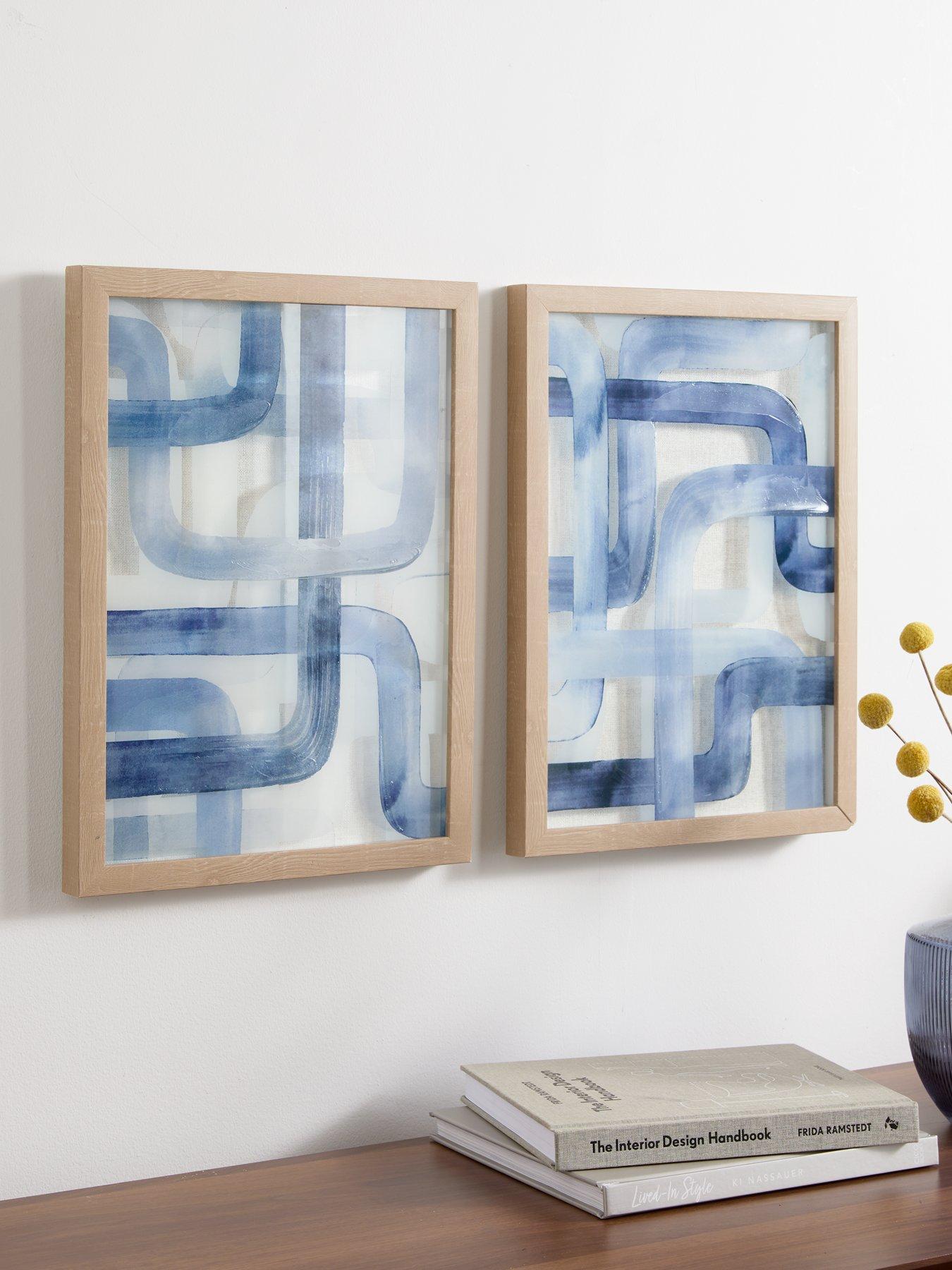 Image of Very Home Set of 2 Blue Line Glass Wall Art 40x30cm