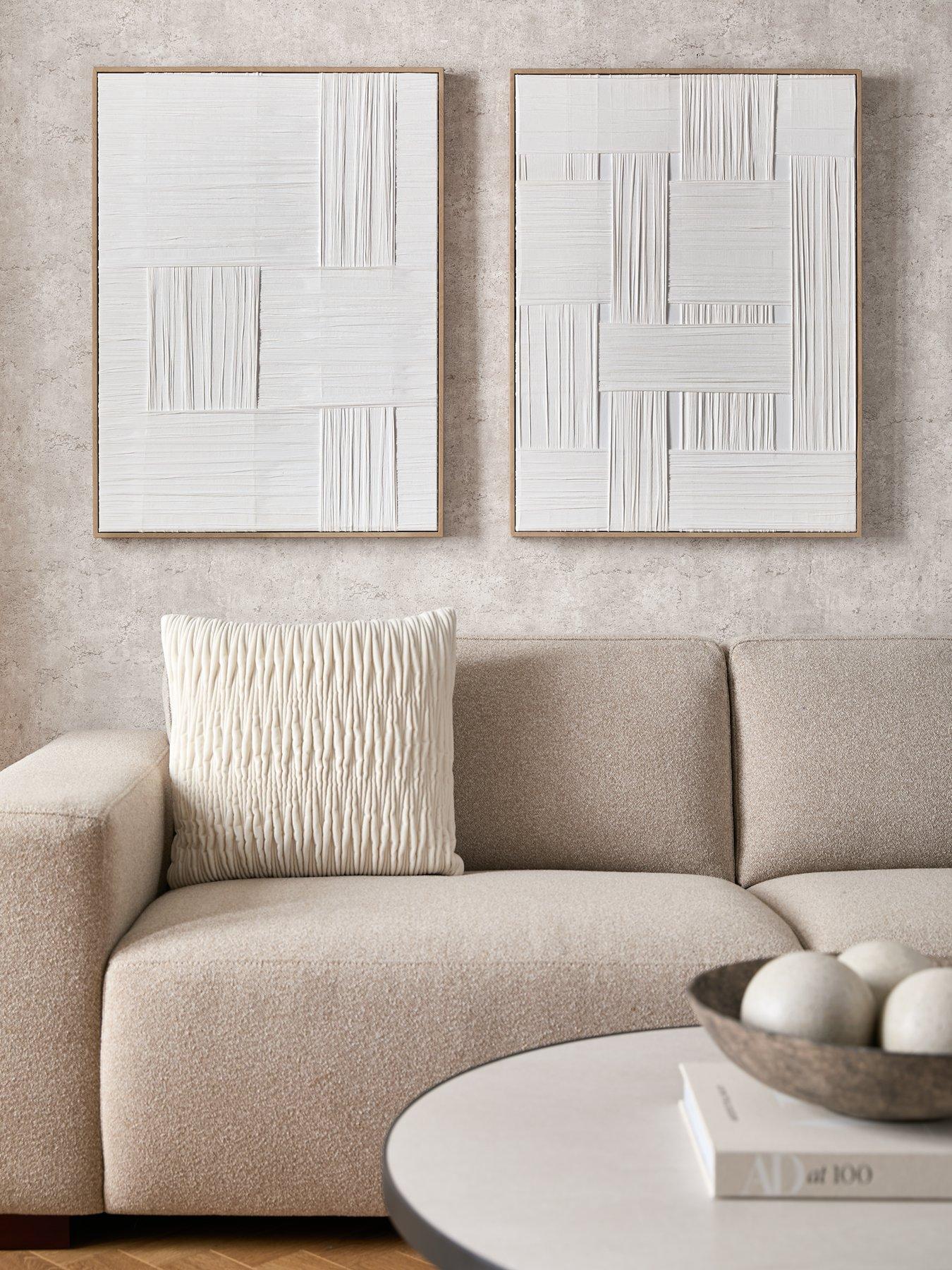 undefined Set of 2 White Woven Fabric Canvas 80x60cm