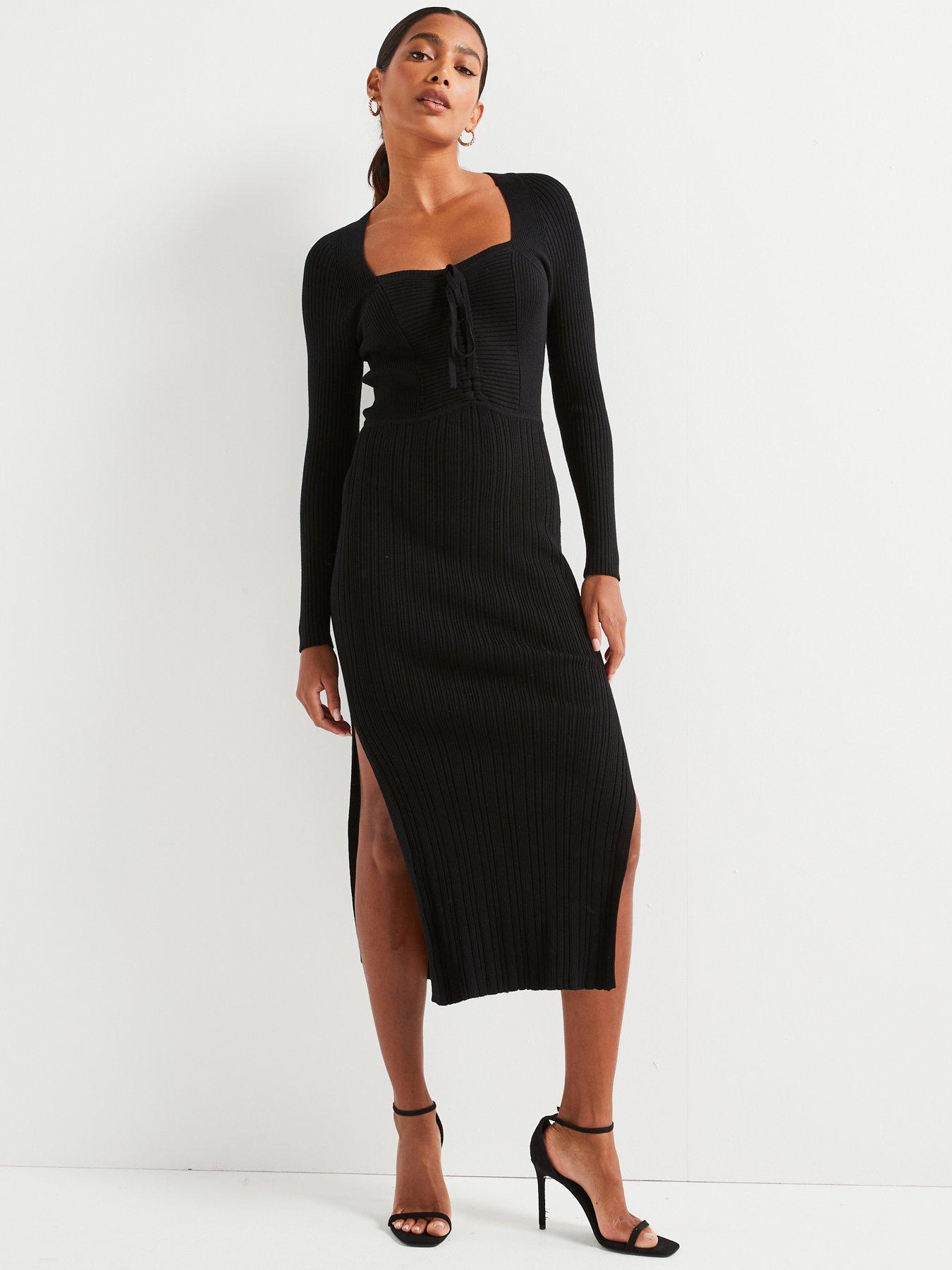 v-by-very-ruched-front-knitted-pencil-dress-black