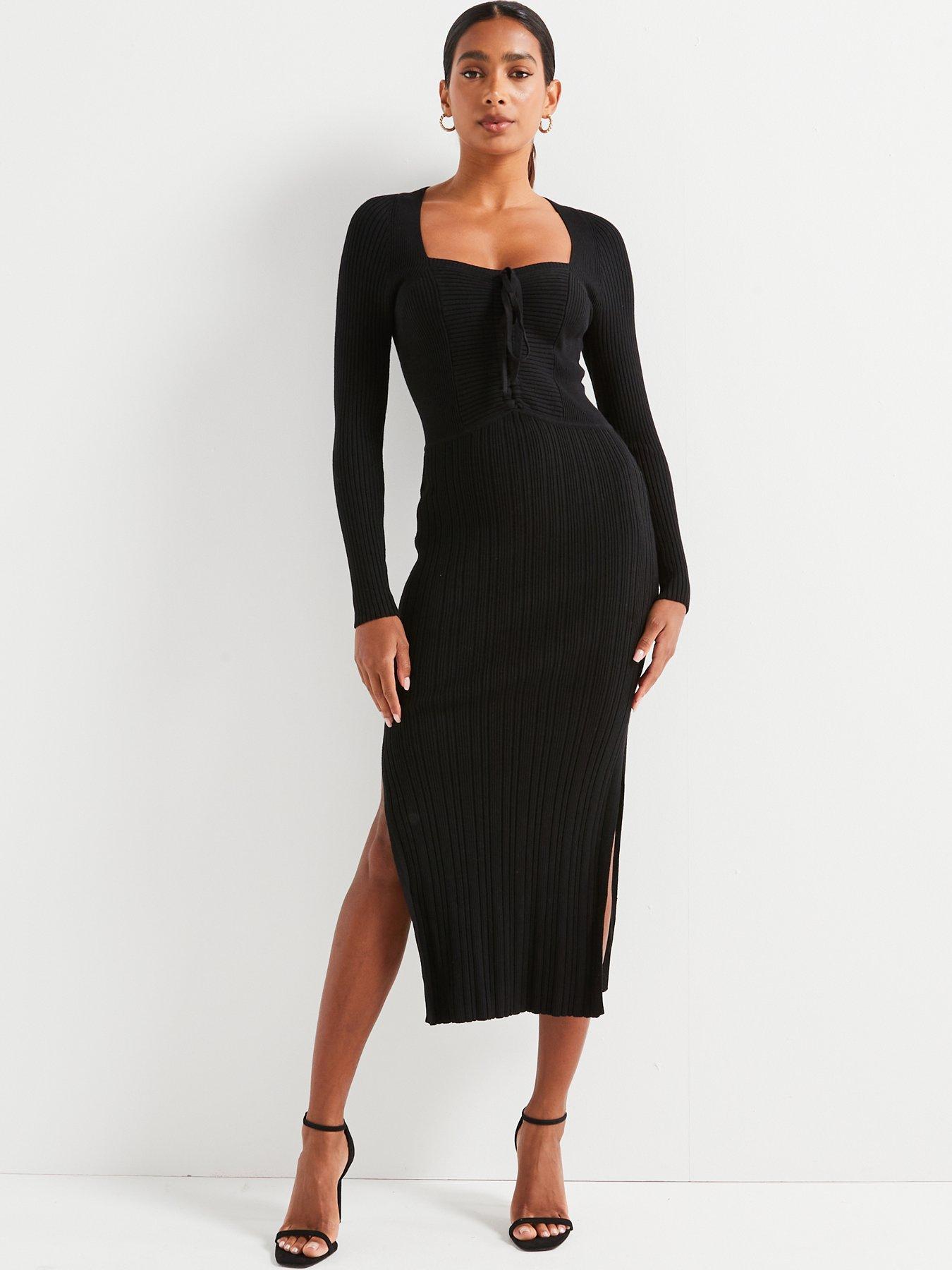 v-by-very-ruched-front-knitted-pencil-dress-blackdetail