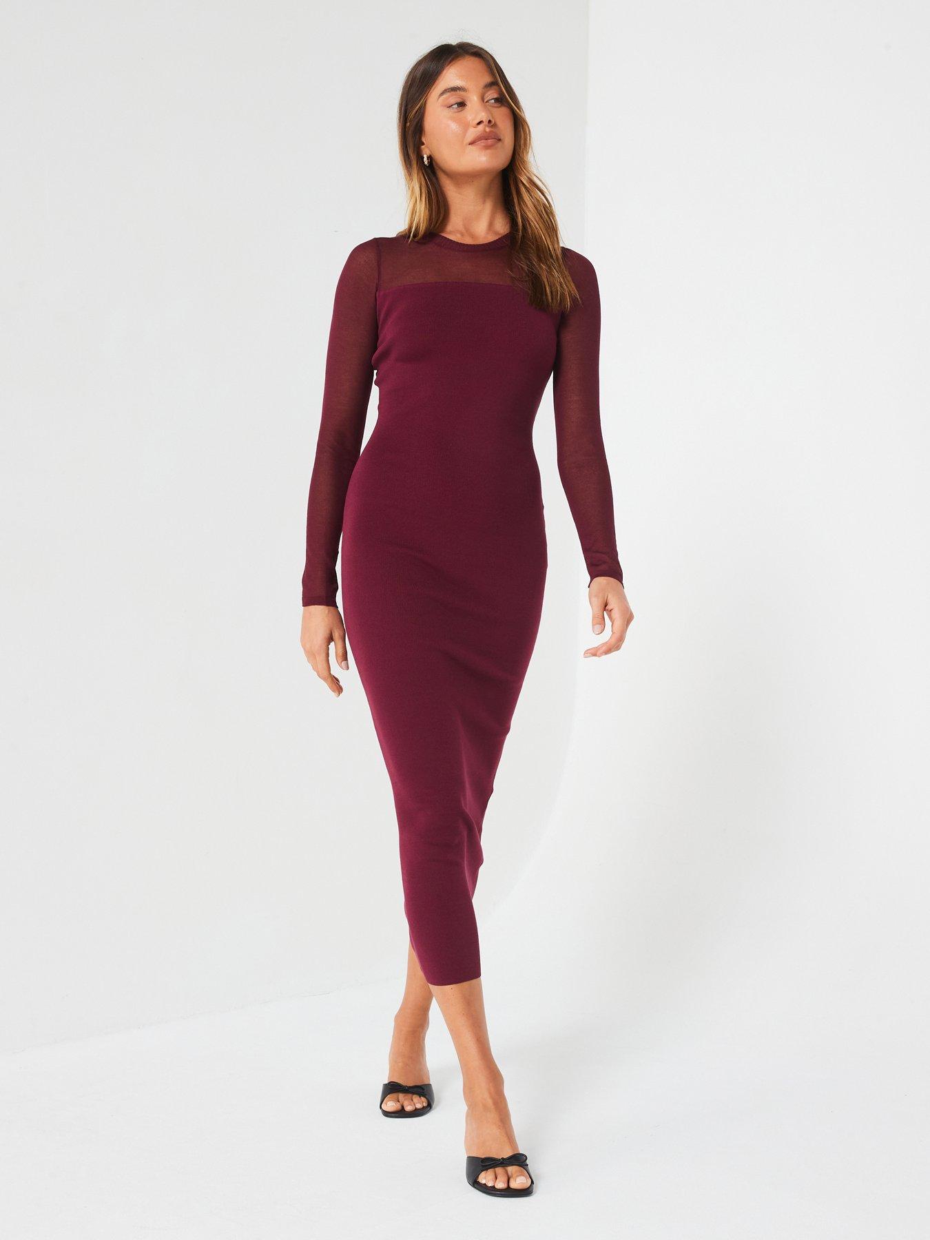 v-by-very-mesh-yoke-compact-knit-pencil-dress-dark-red