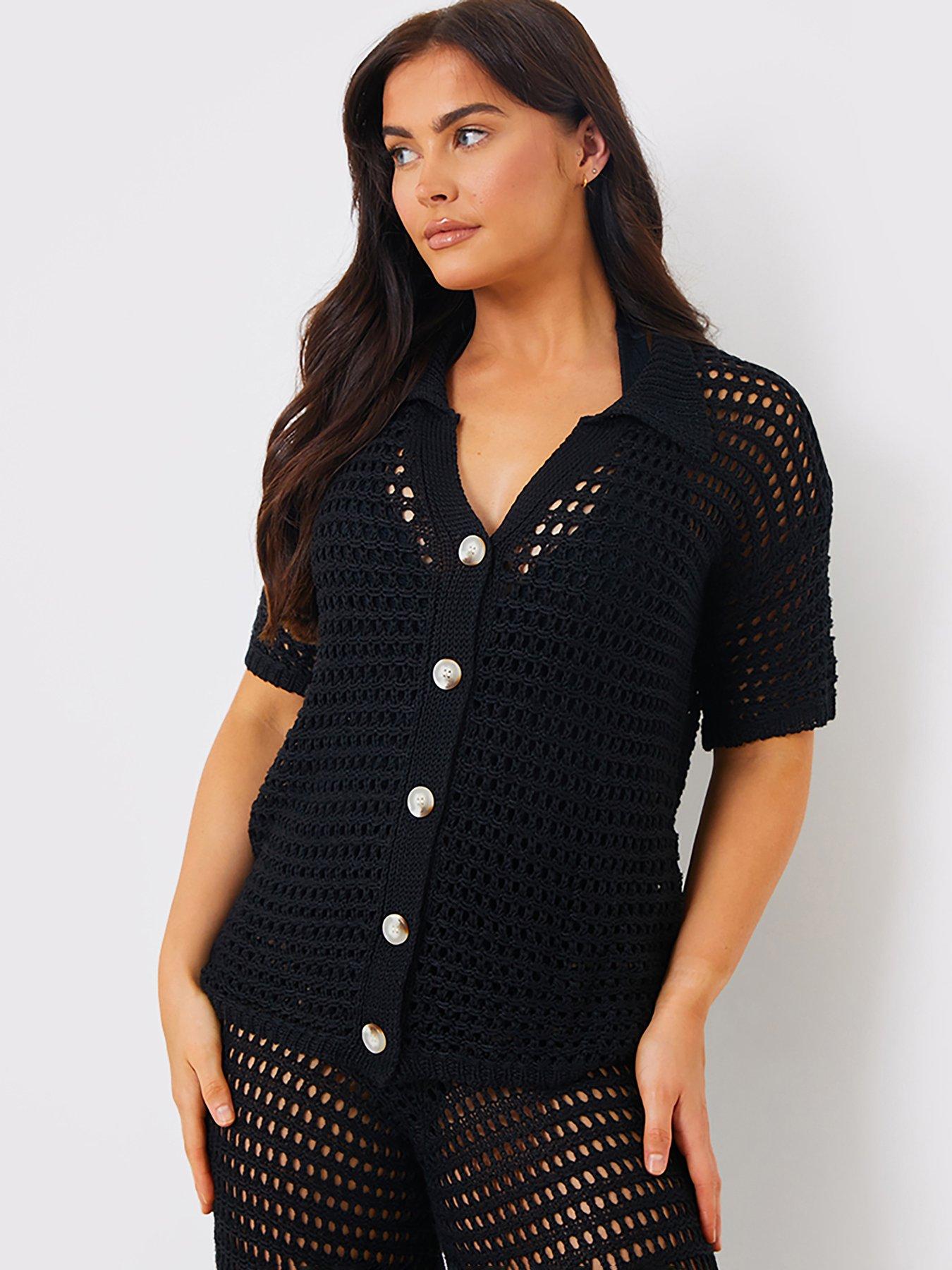 in-the-style-hannah-brown-black-crochet-button-down-co-ord-shirtstillFront