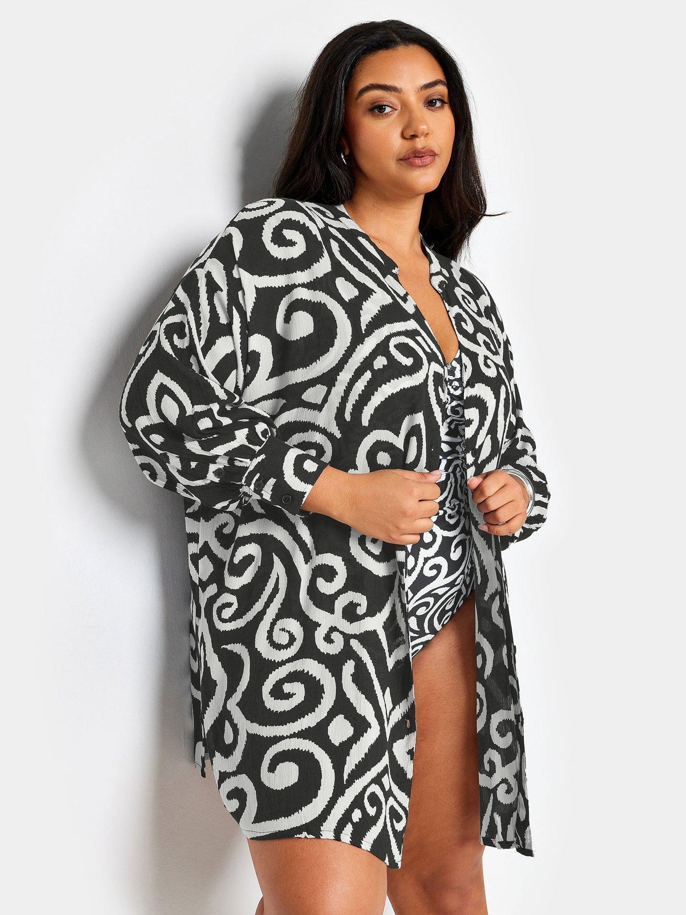 Image of Yours Curve Monotone Woodblock Beach Shirt - Black