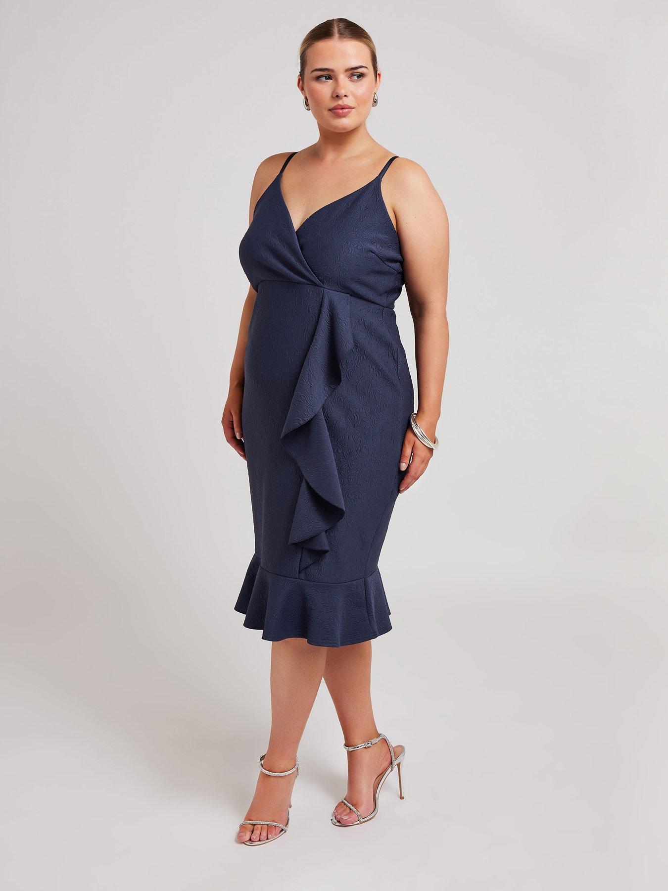 yours-curve-jacquard-ruffle-wrap-dress-blue