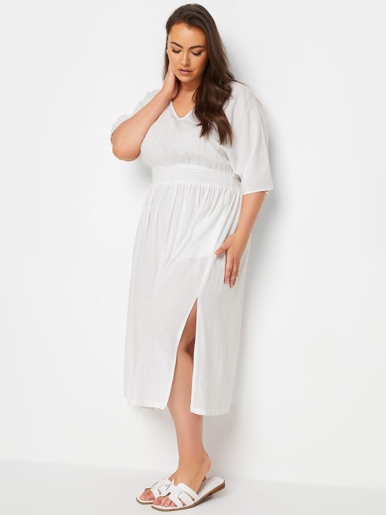 yours-curve-linen-midaxi-shirred-waist-slit-dress-white