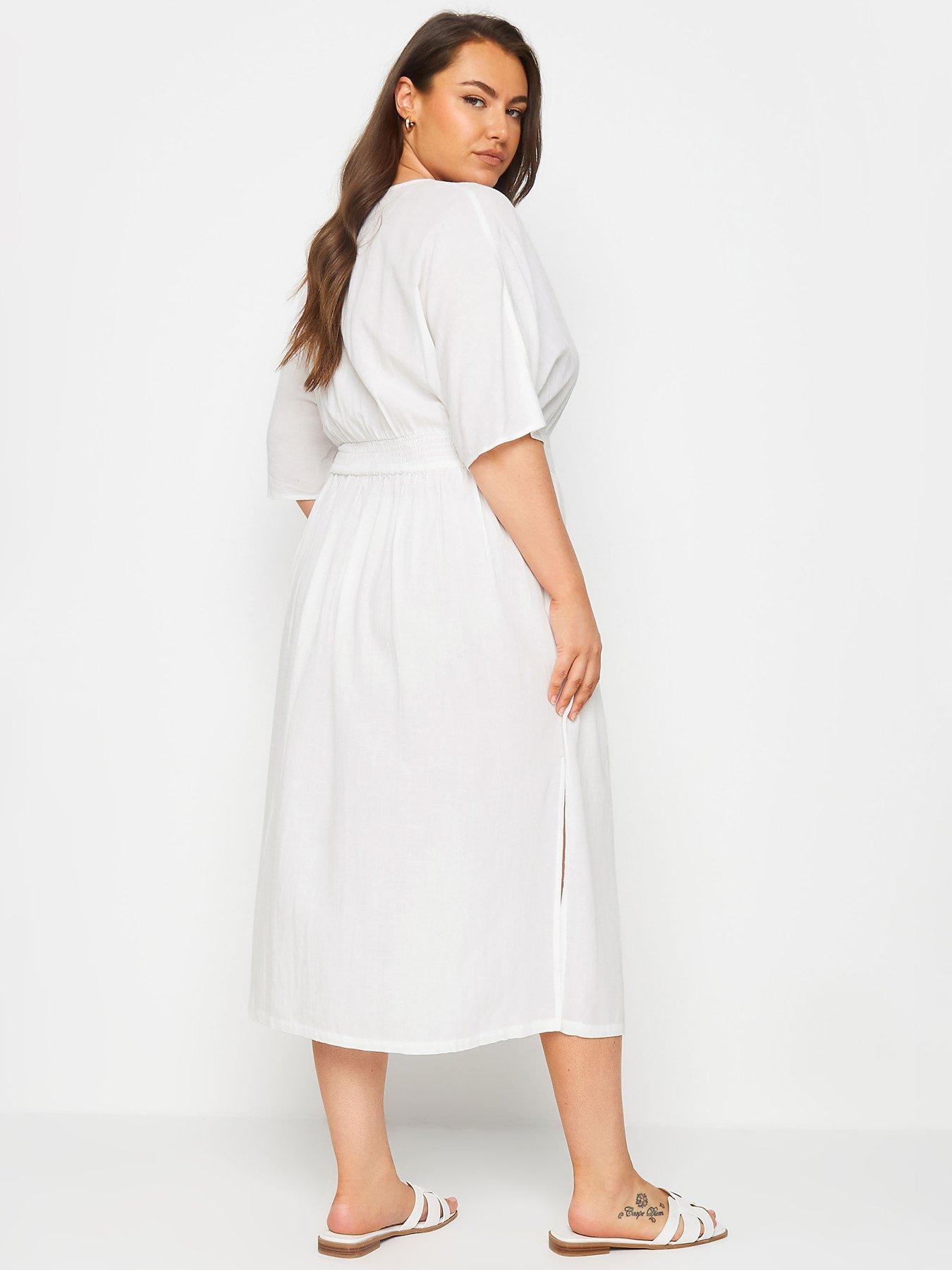 yours-curve-linen-midaxi-shirred-waist-slit-dress-whitestillFront