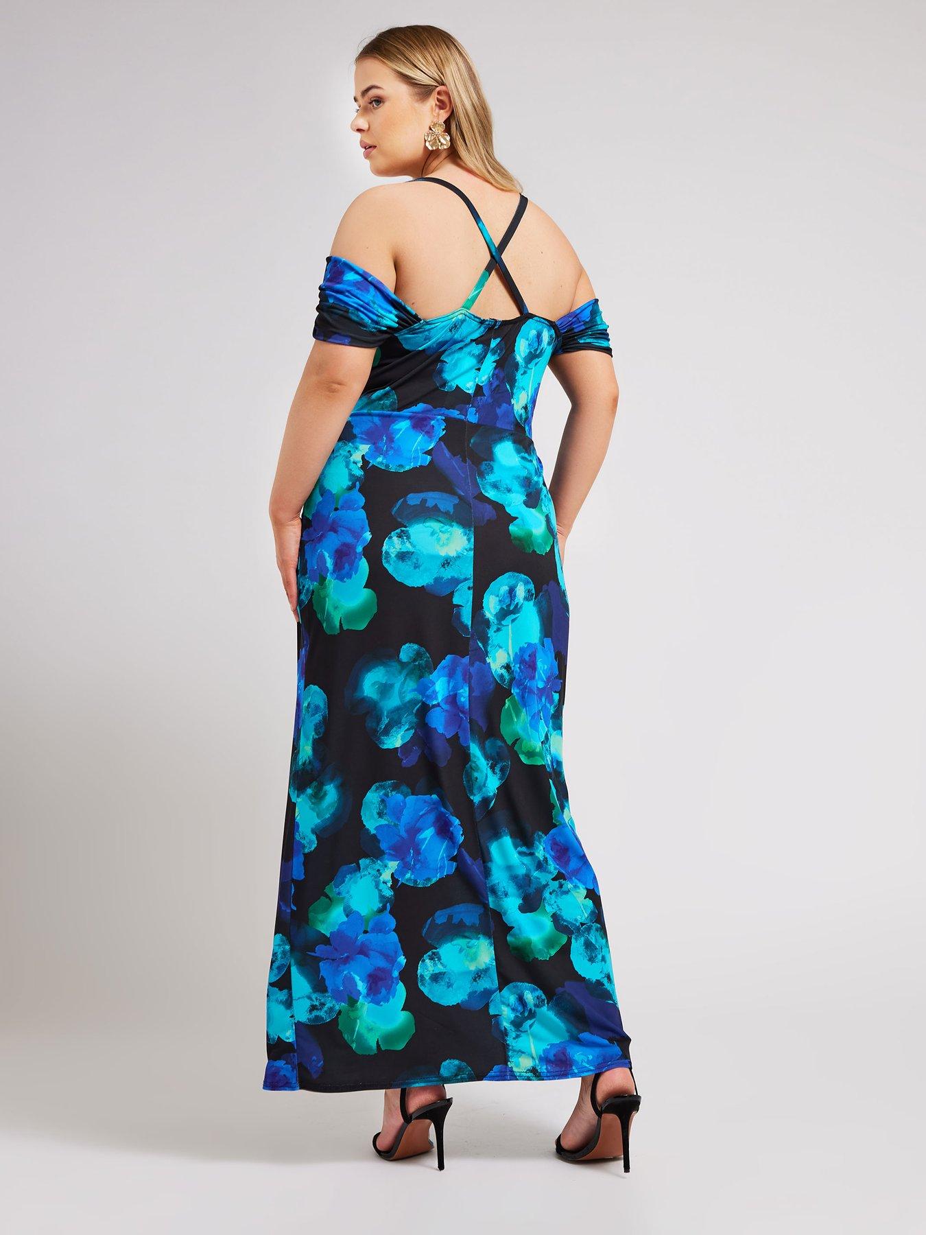 yours-curve-floral-cold-shoulder-dress-blueblackstillFront