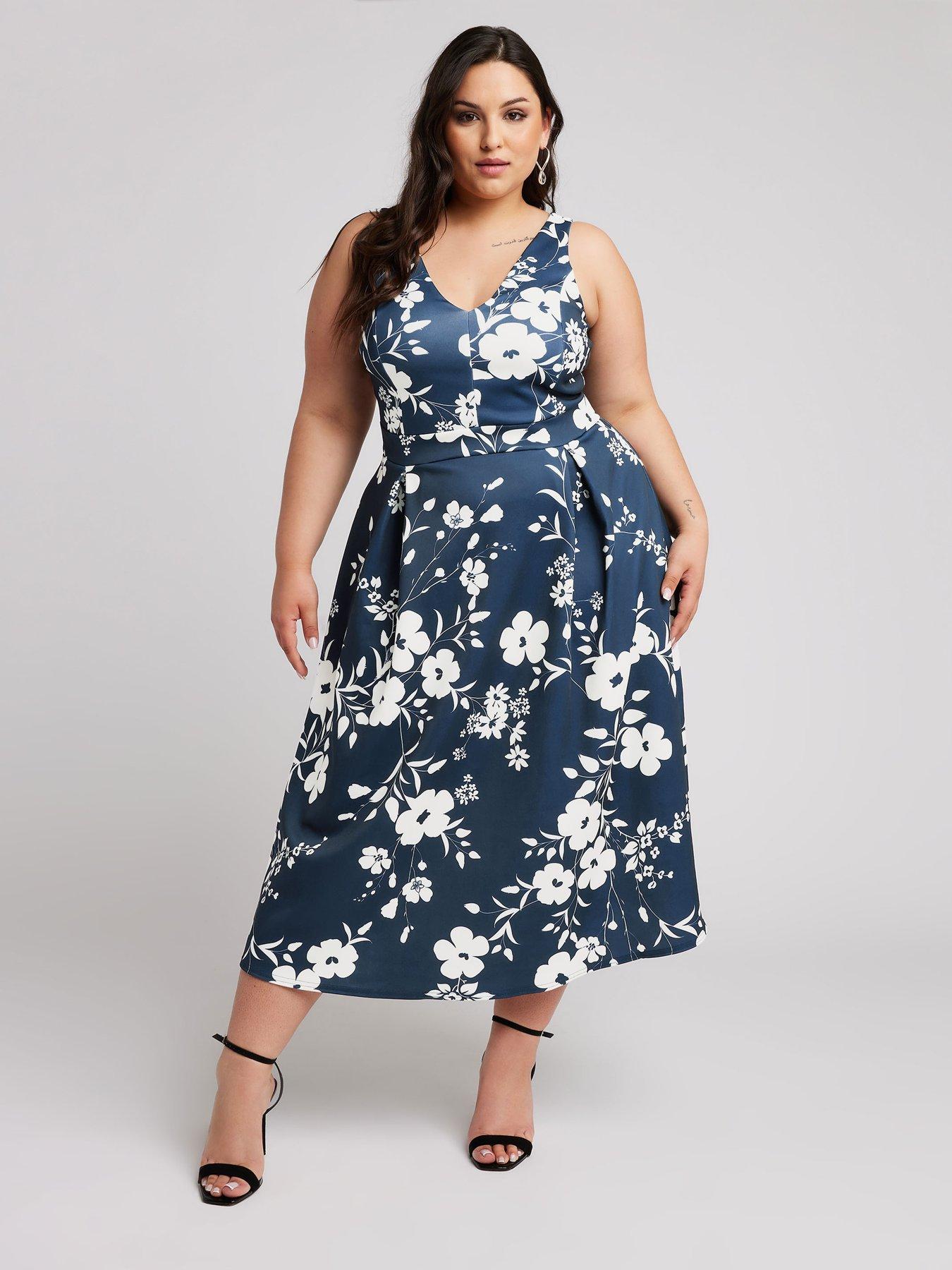 yours-curve-floral-v-neck-pleated-dress-blue