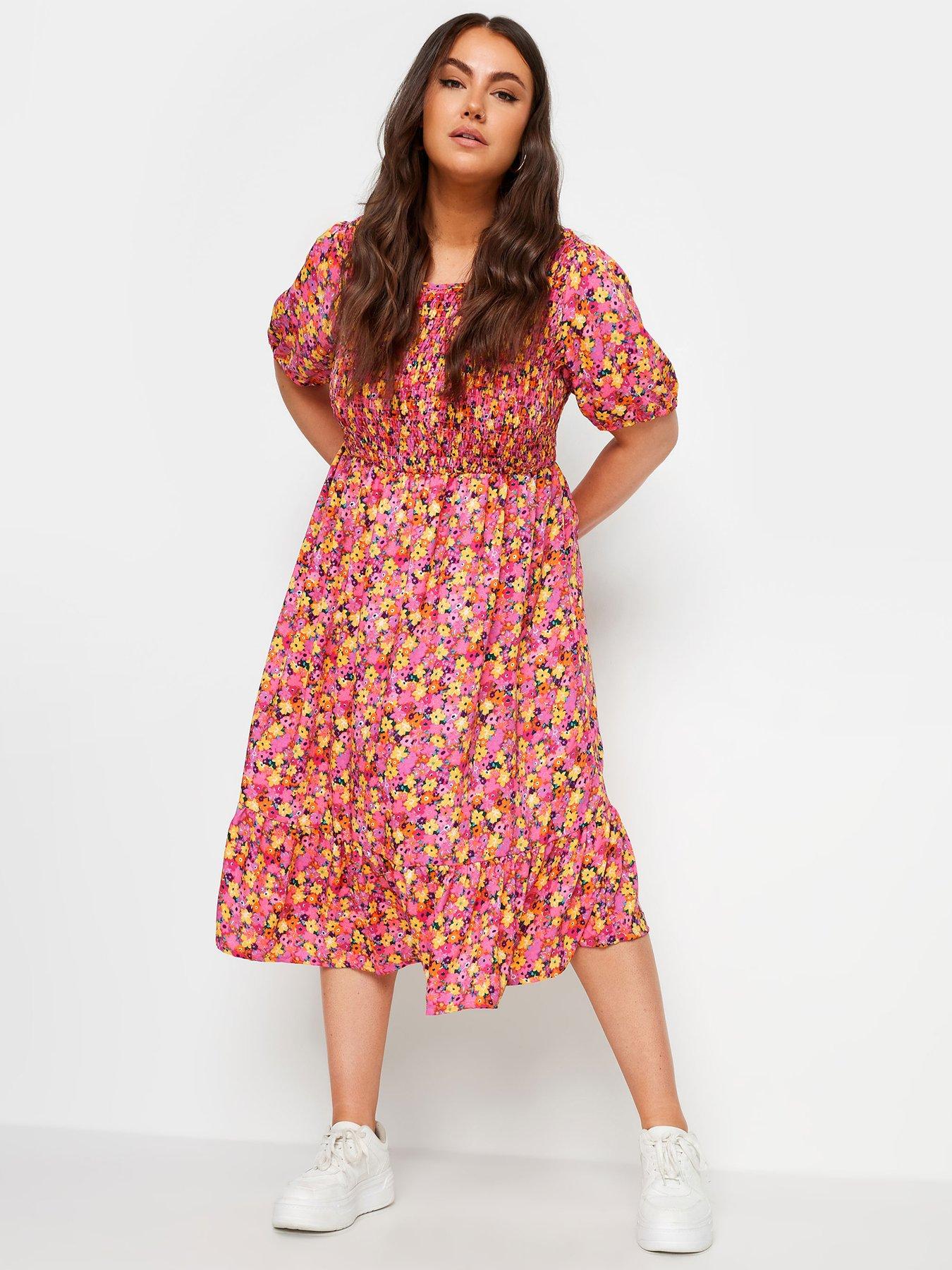 yours-curve-shirred-puff-sleeve-tie-midi-dress-pinkfront