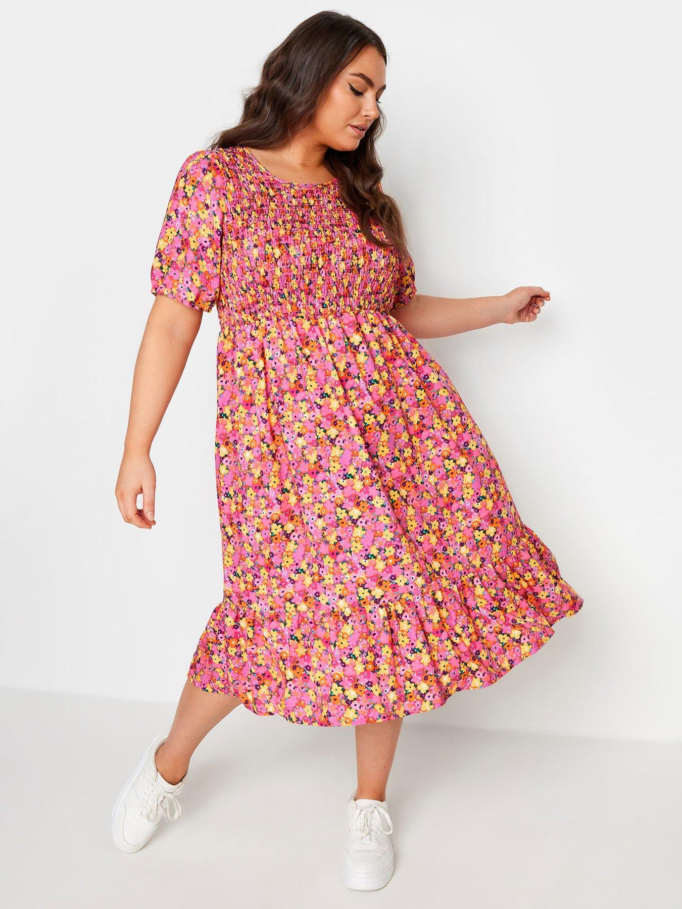 yours-curve-shirred-puff-sleeve-tie-midi-dress-pinkback