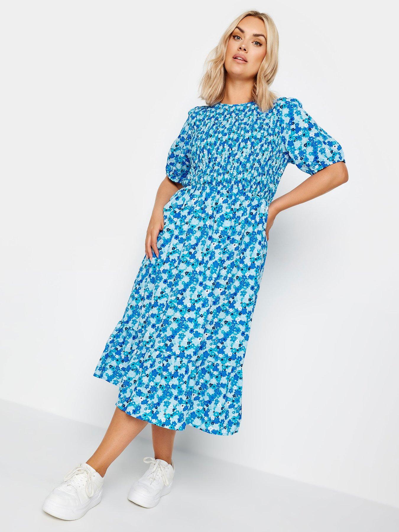 yours-curve-shirred-puff-sleeve-tie-midi-dress-bluefront