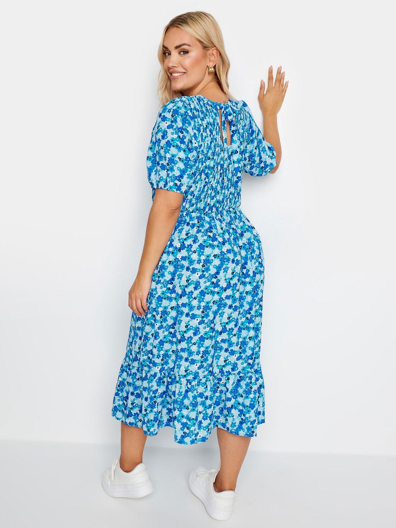 yours-curve-shirred-puff-sleeve-tie-midi-dress-bluestillFront