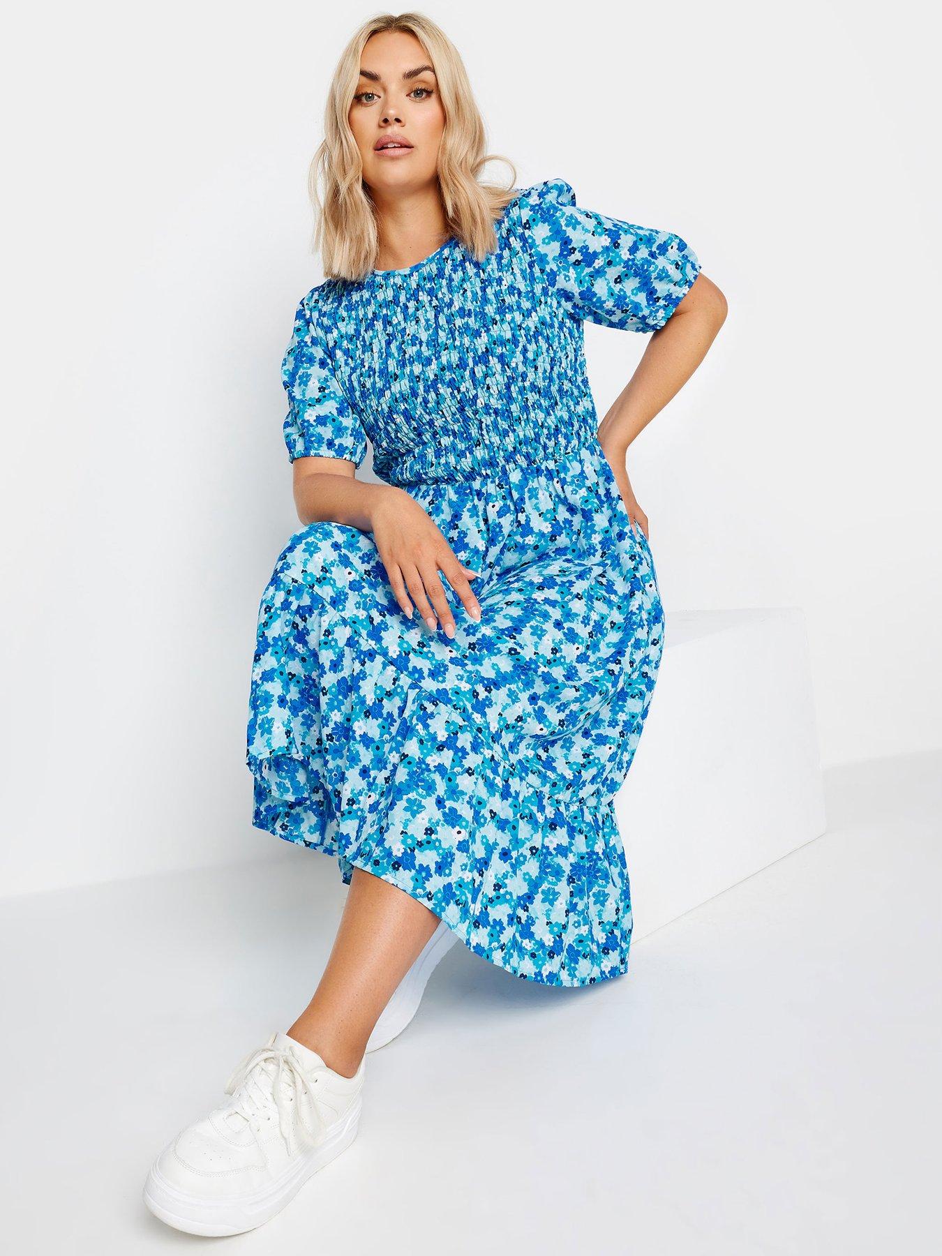 yours-curve-shirred-puff-sleeve-tie-midi-dress-blueback