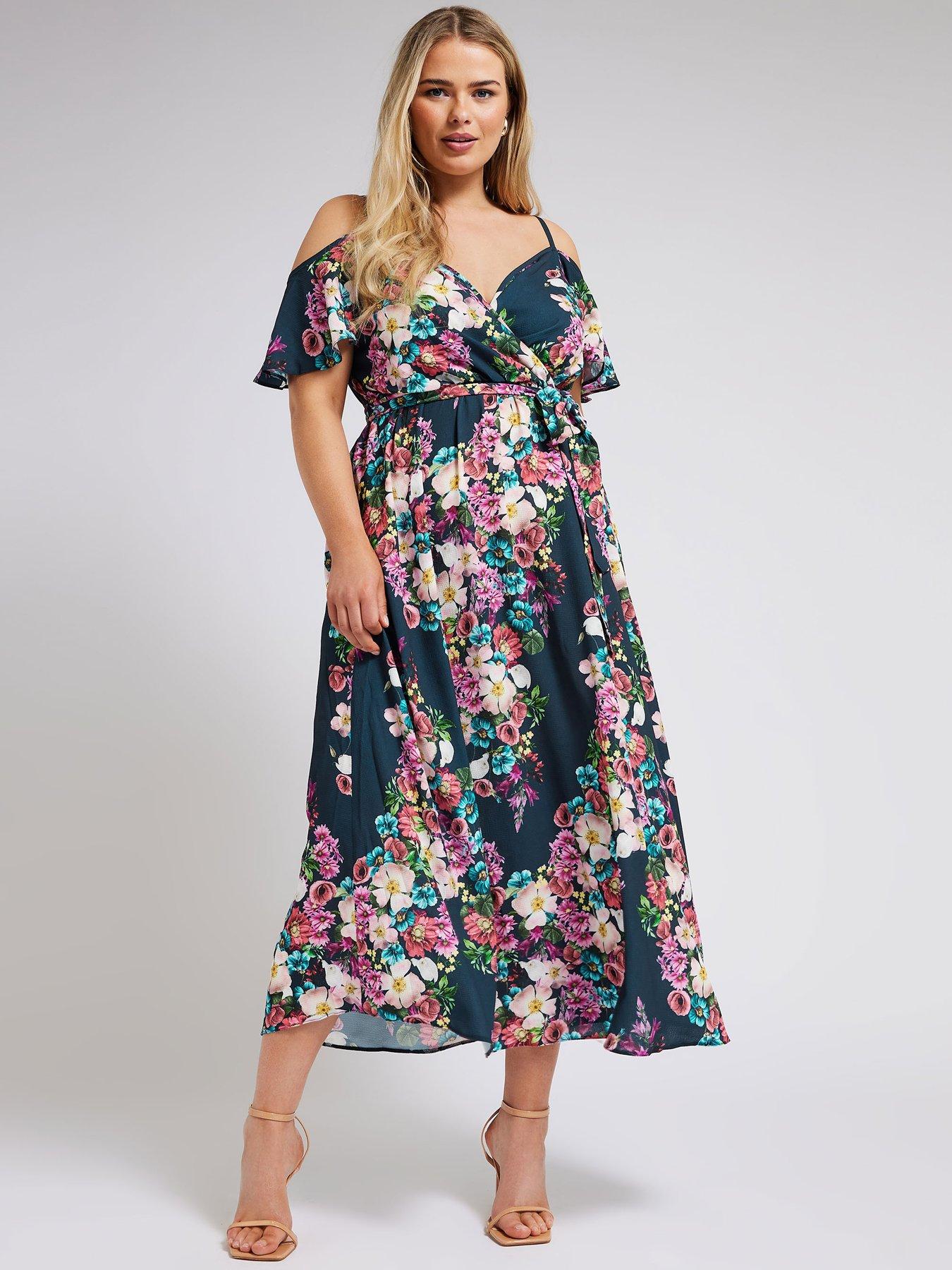 yours-curve-floral-cold-shoulder-wrap-dress-blue