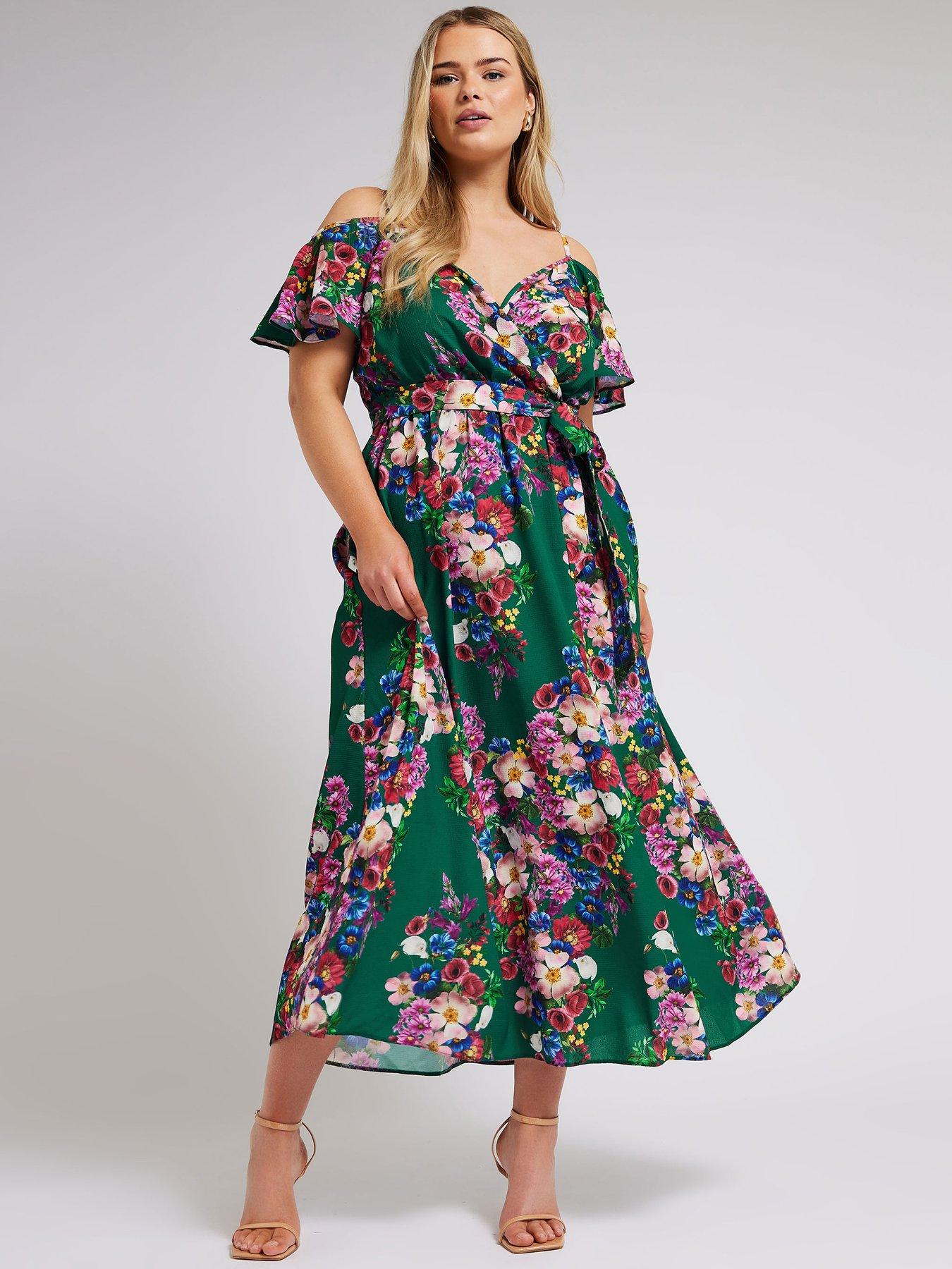 yours-curve-floral-cold-shoulder-wrap-dress-green