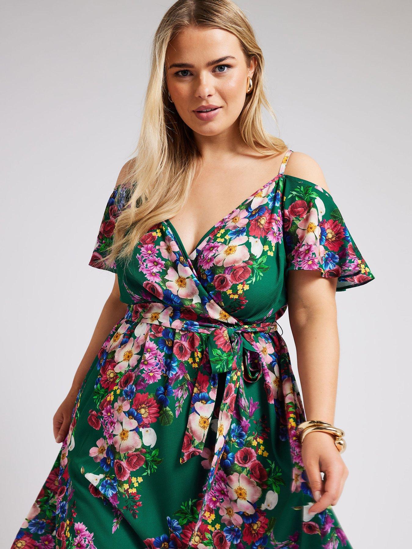 yours-curve-floral-cold-shoulder-wrap-dress-greenoutfit