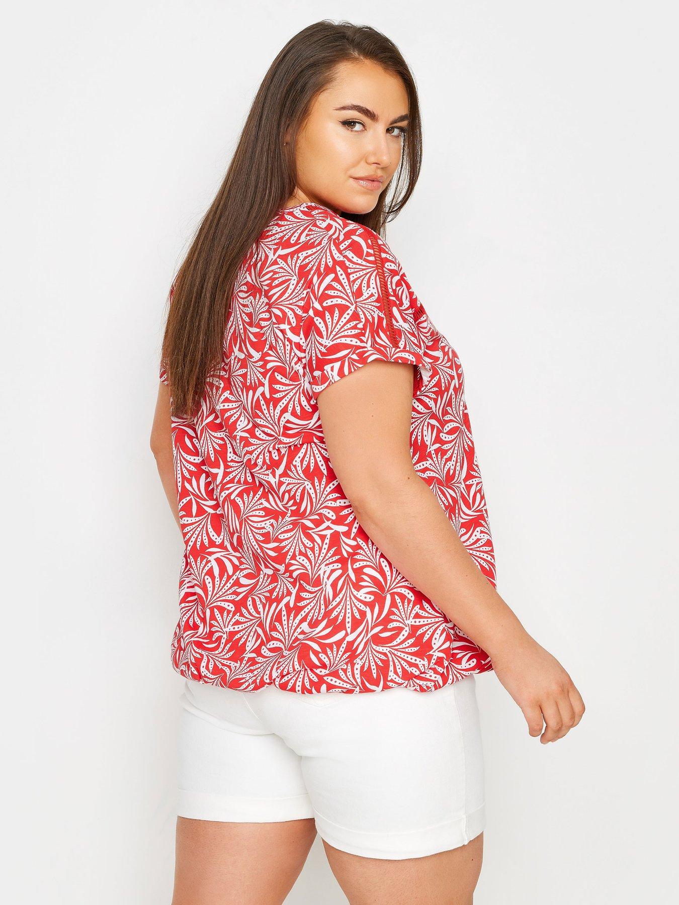 yours-curve-leaf-print-bubble-hem-top-redstillFront