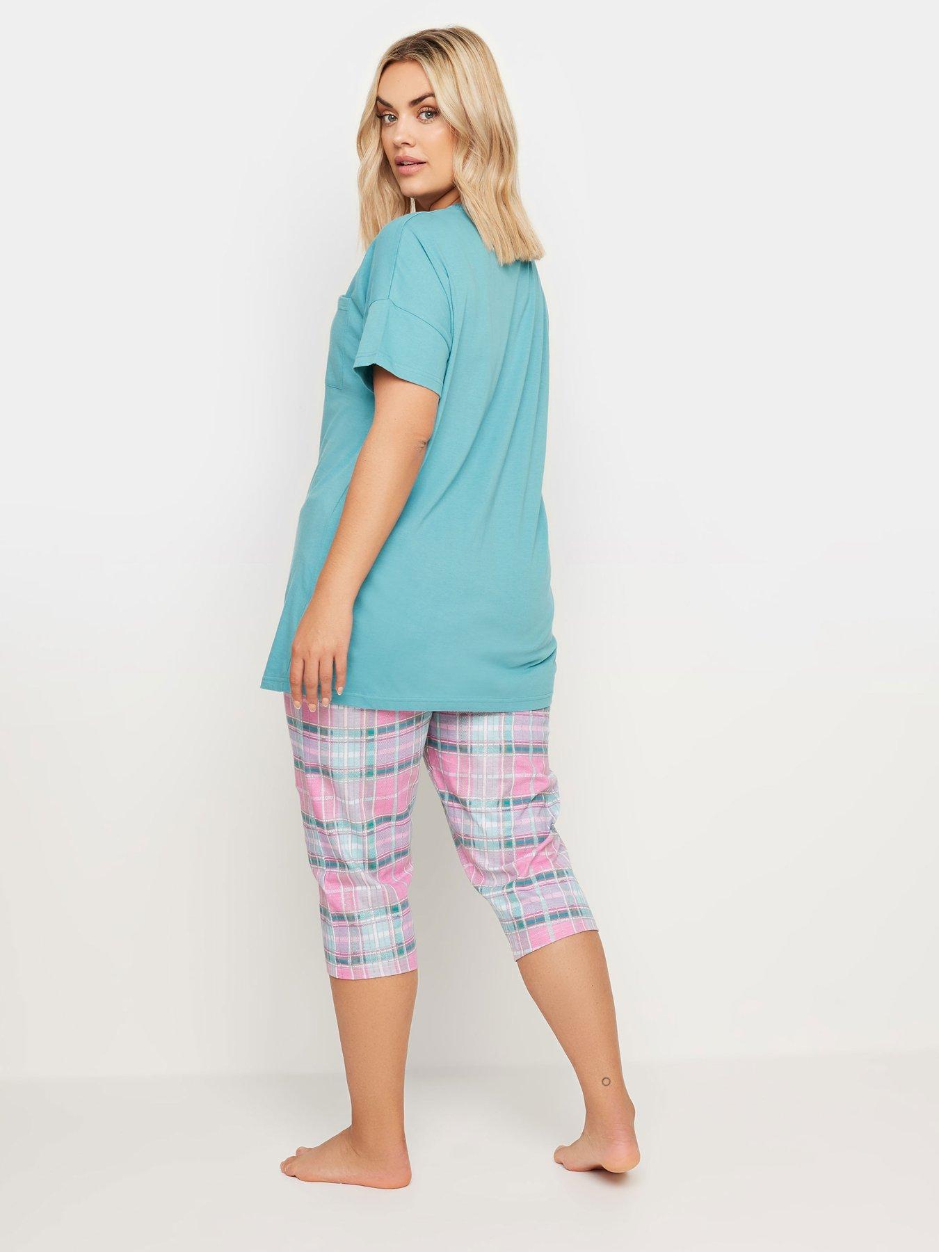 yours-curve-spring-check-sleep-tee-crop-pj-set-bluestillFront