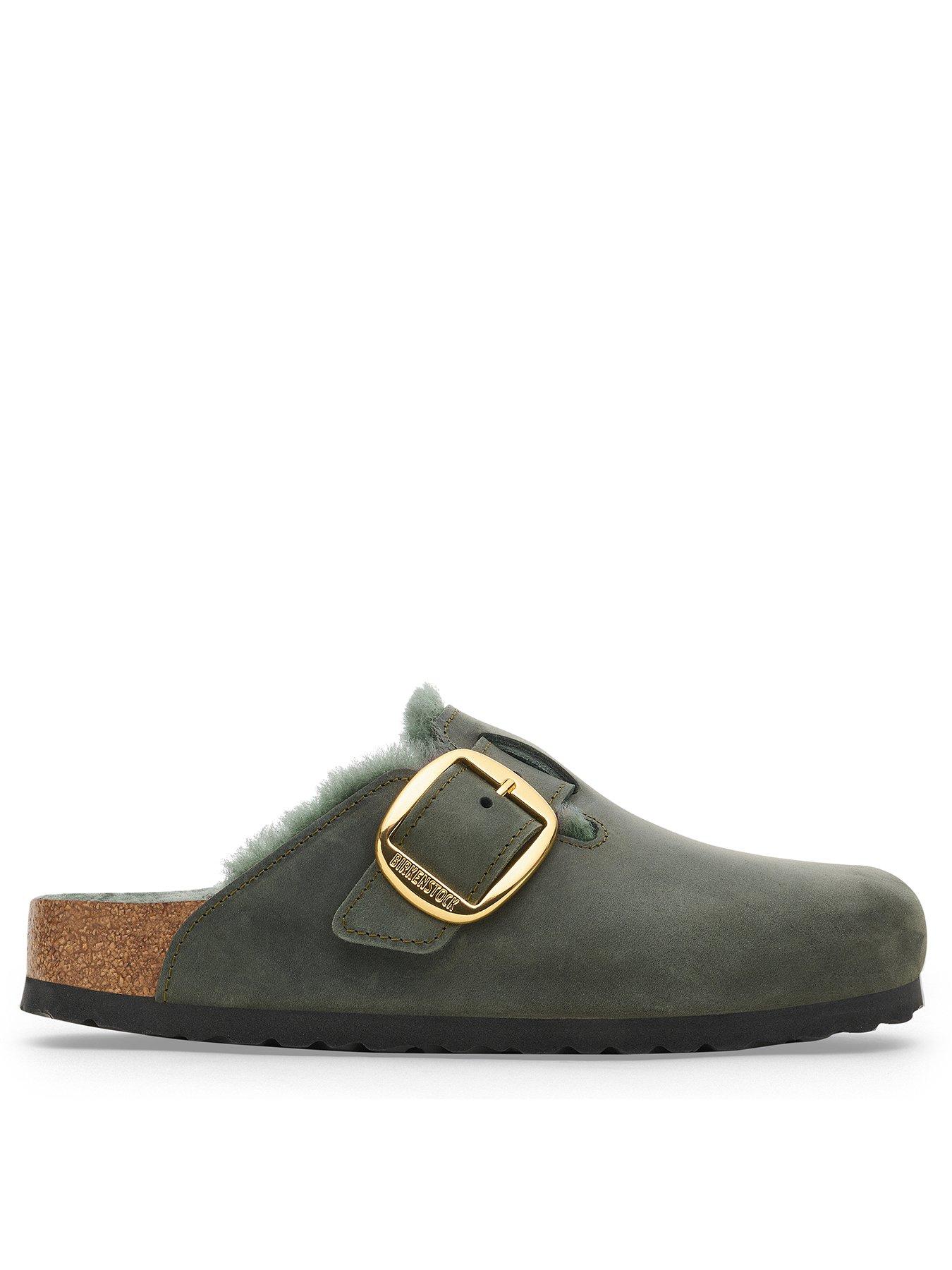 birkenstock-boston-buckle-oiled-leather-shearling-clog-sandals-green