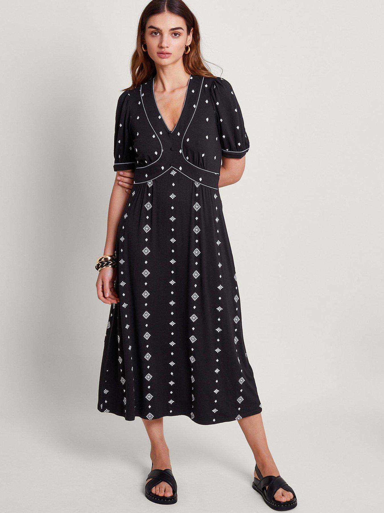 Image 1 of 5 of Monsoon Ethel Embroidered Jersey Dress - Black