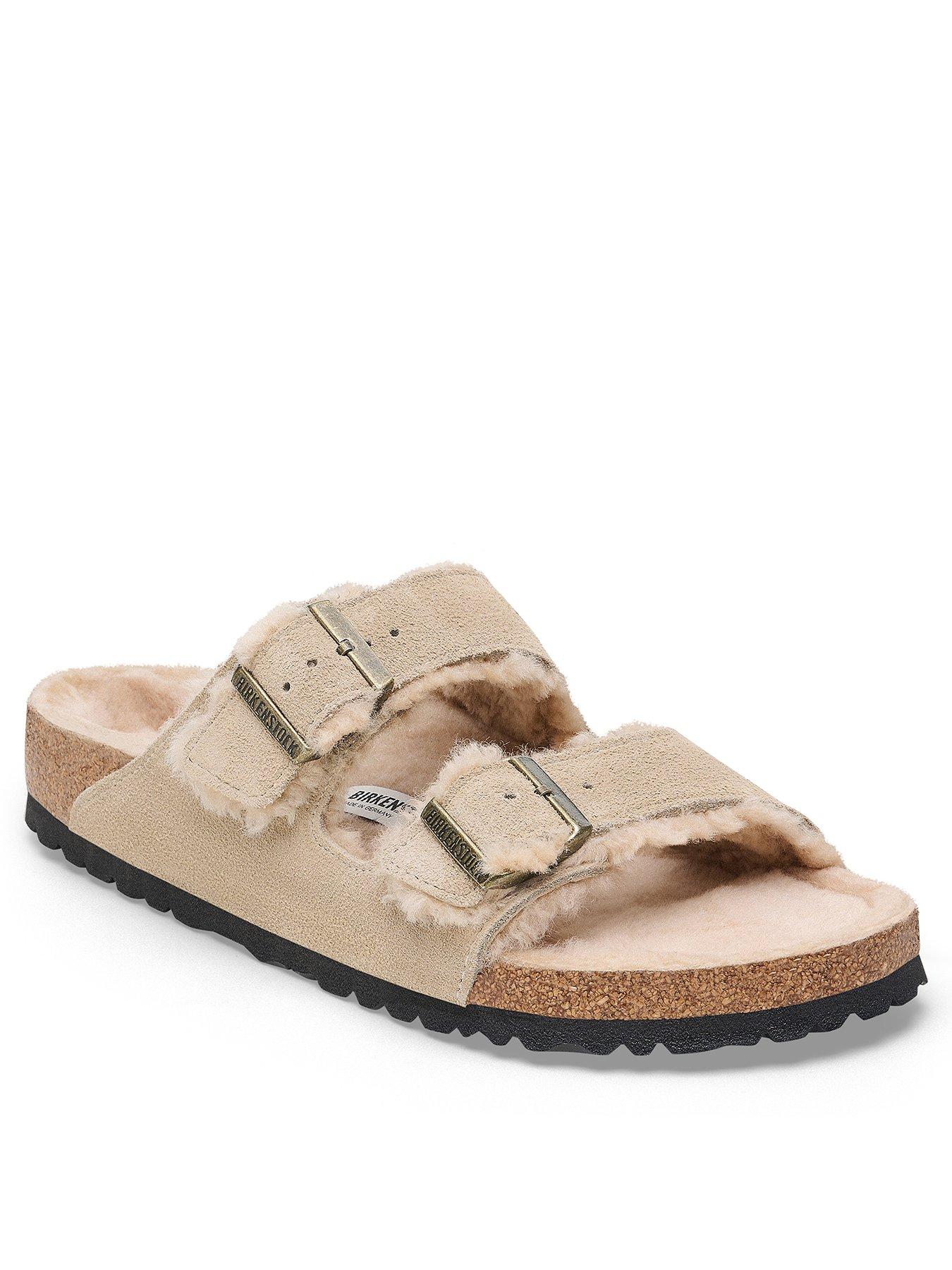 Image 2 of 3 of Birkenstock Two Strap Arizona Suede Shearling Wider Fit Sandals - Taupe - Brown
