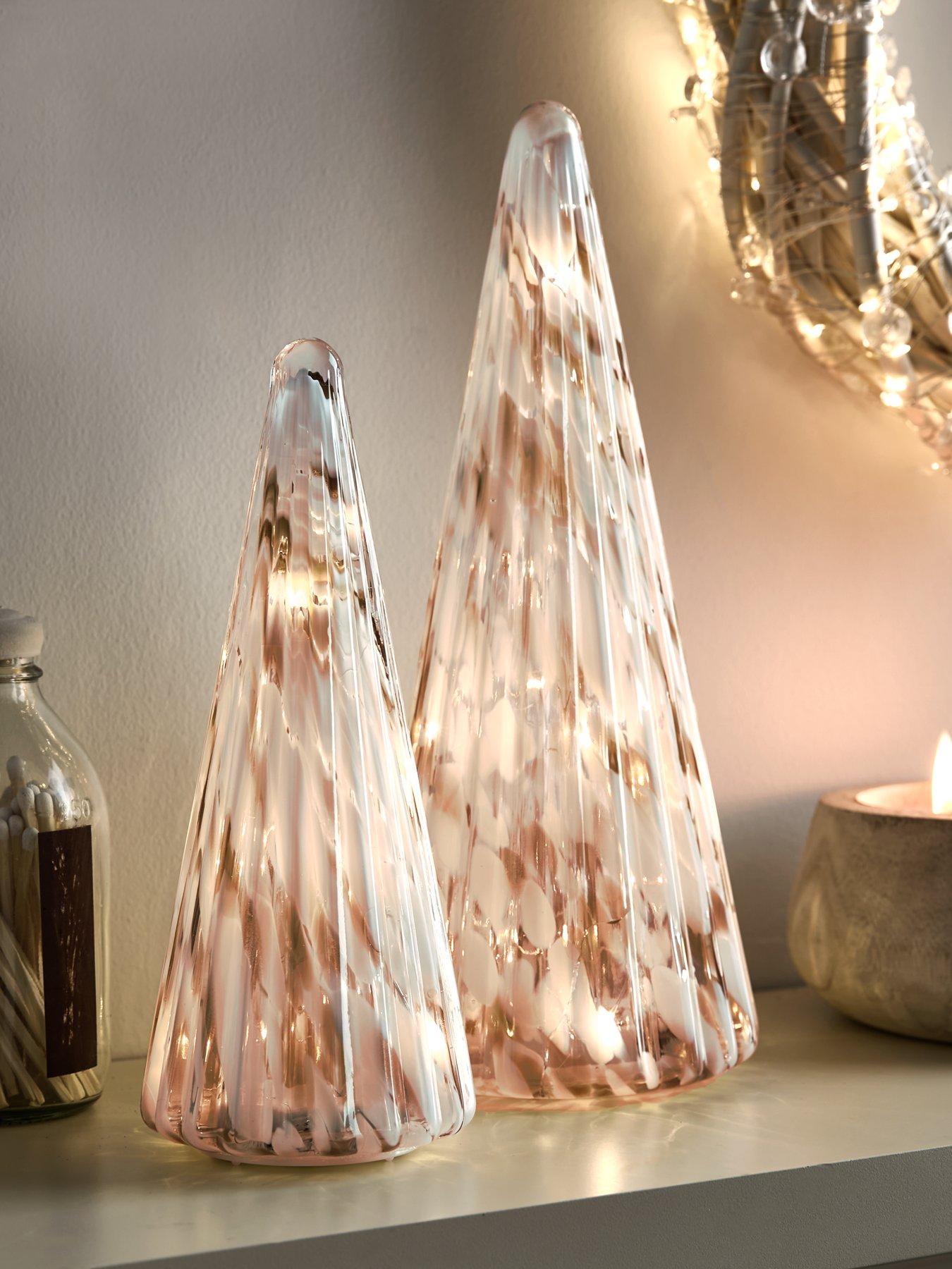 Very Home Set of 2 Light Up Marble Glass Christmas Trees