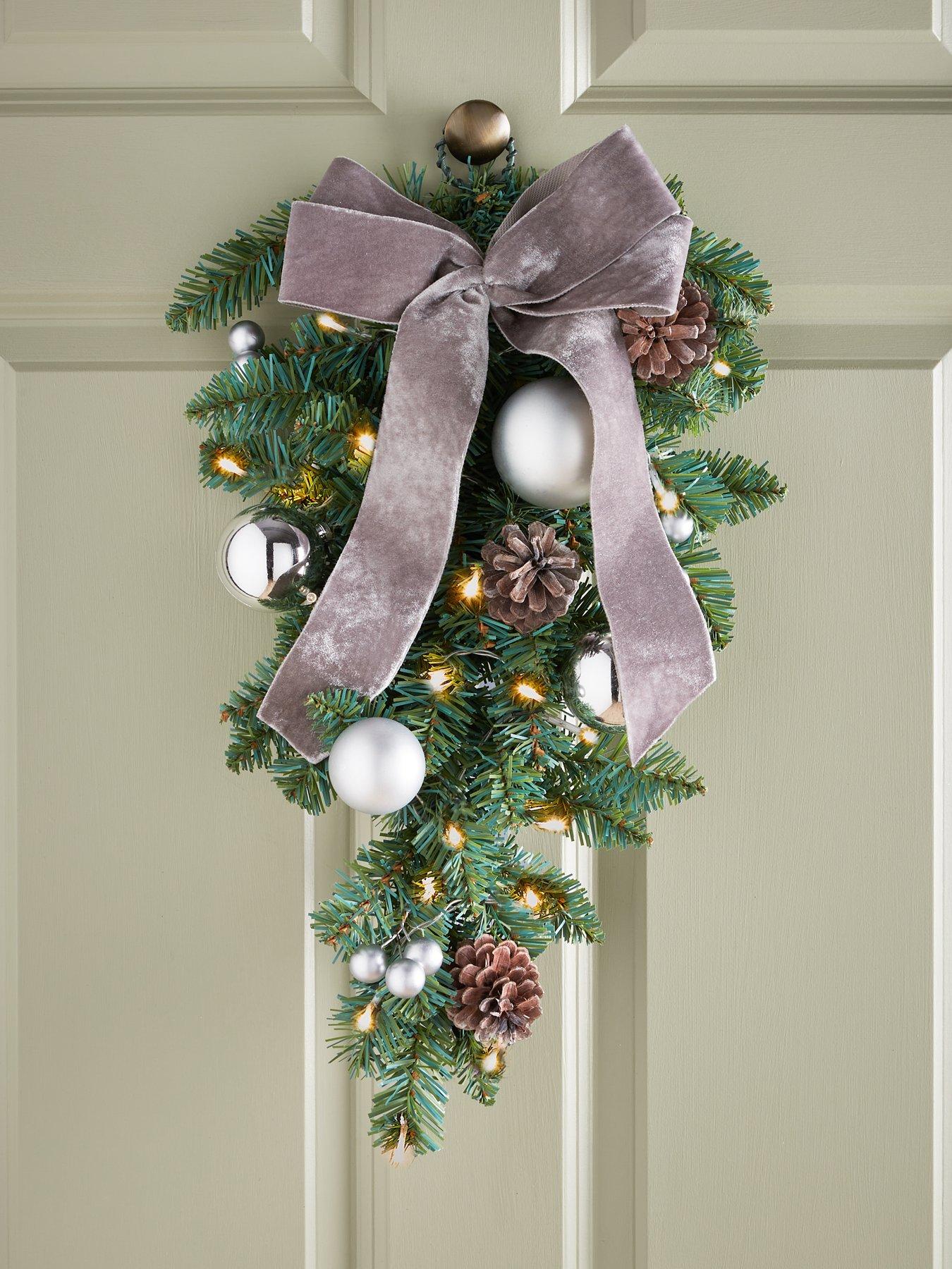 undefined Silver Bows and Baubles Lit Teardrop Shaped Christmas Wreath
