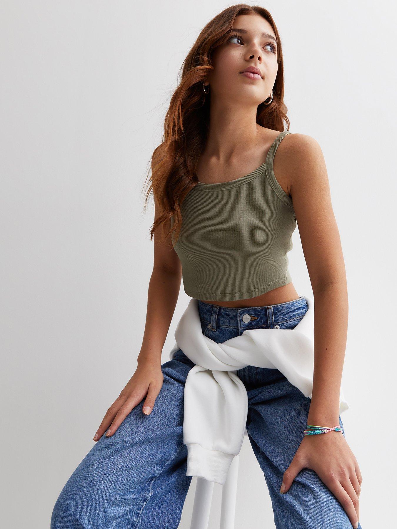 new-look-915-girls-olive-ribbed-crop-cami