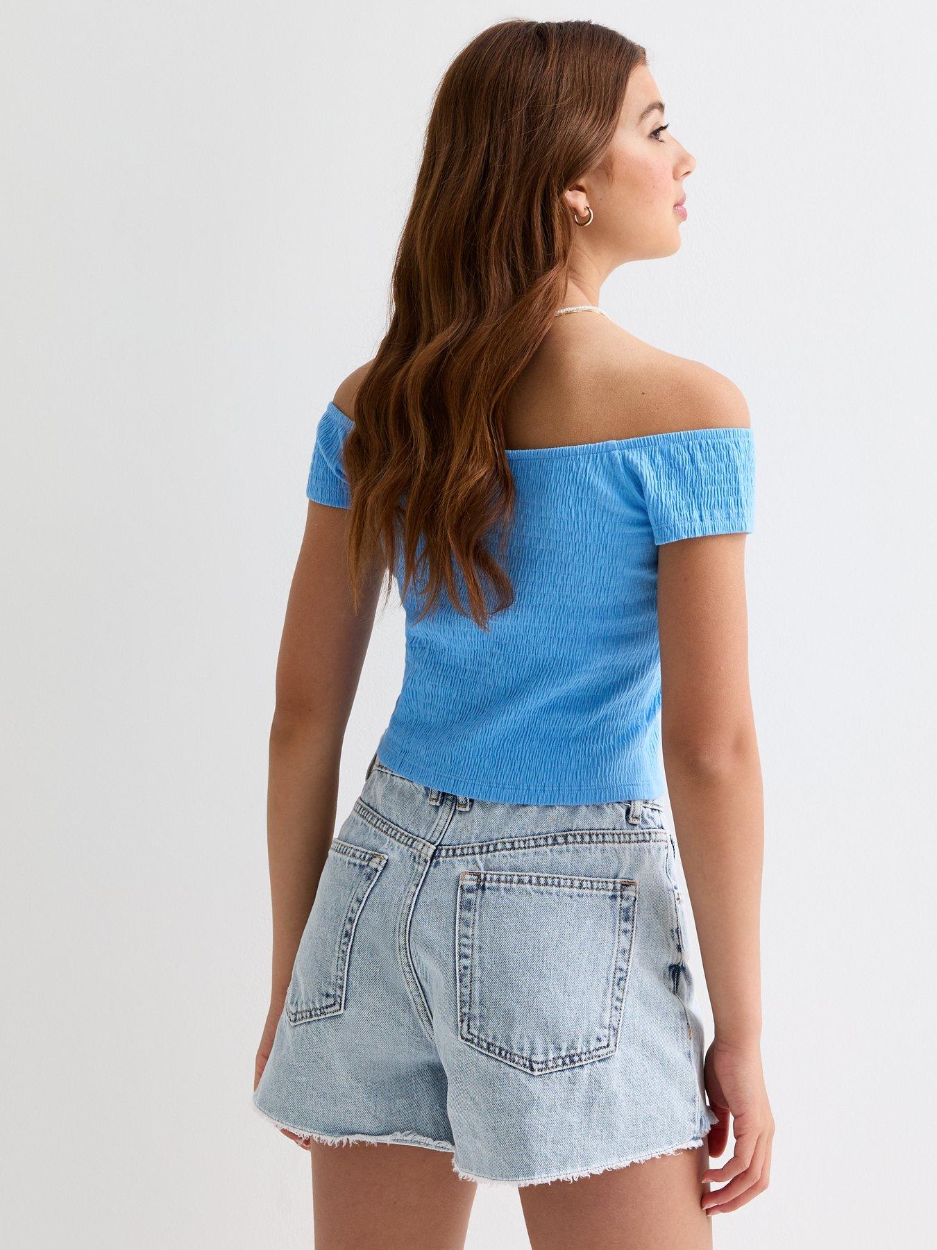 new-look-915-girls-blue-shirred-bardot-topstillFront