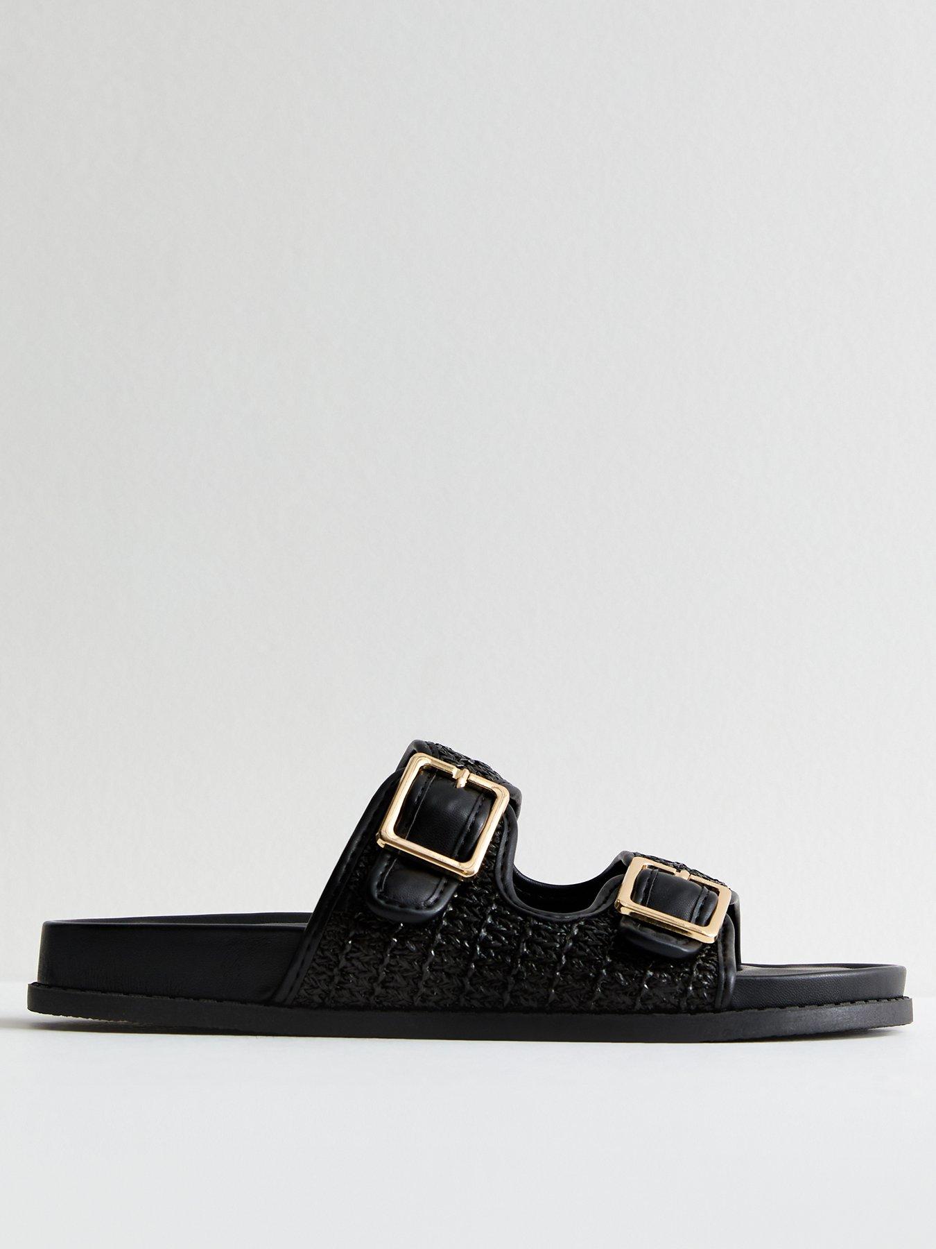 new-look-black-raffia-chunky-buckle-sandals