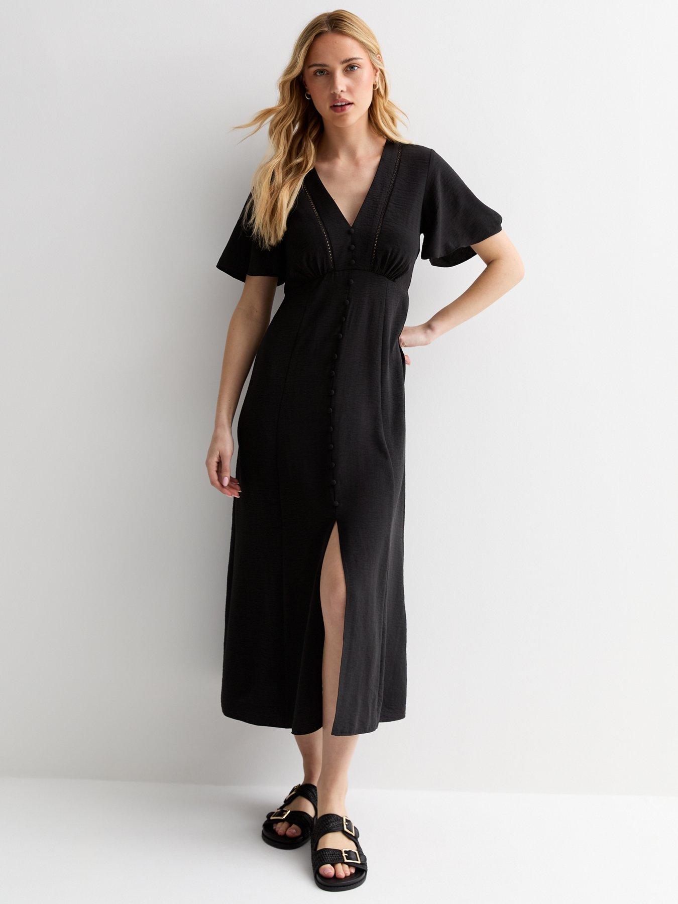 new-look-black-flutter-sleeve-button-through-midi-dress