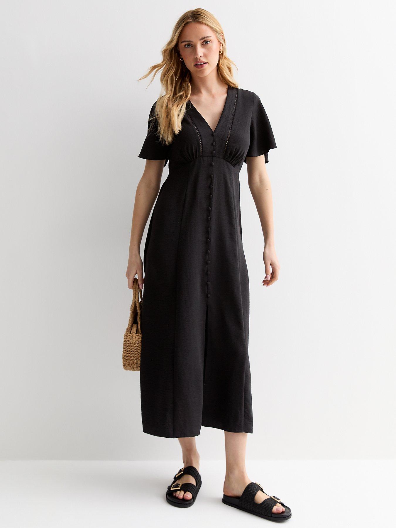 new-look-black-flutter-sleeve-button-through-midi-dressback